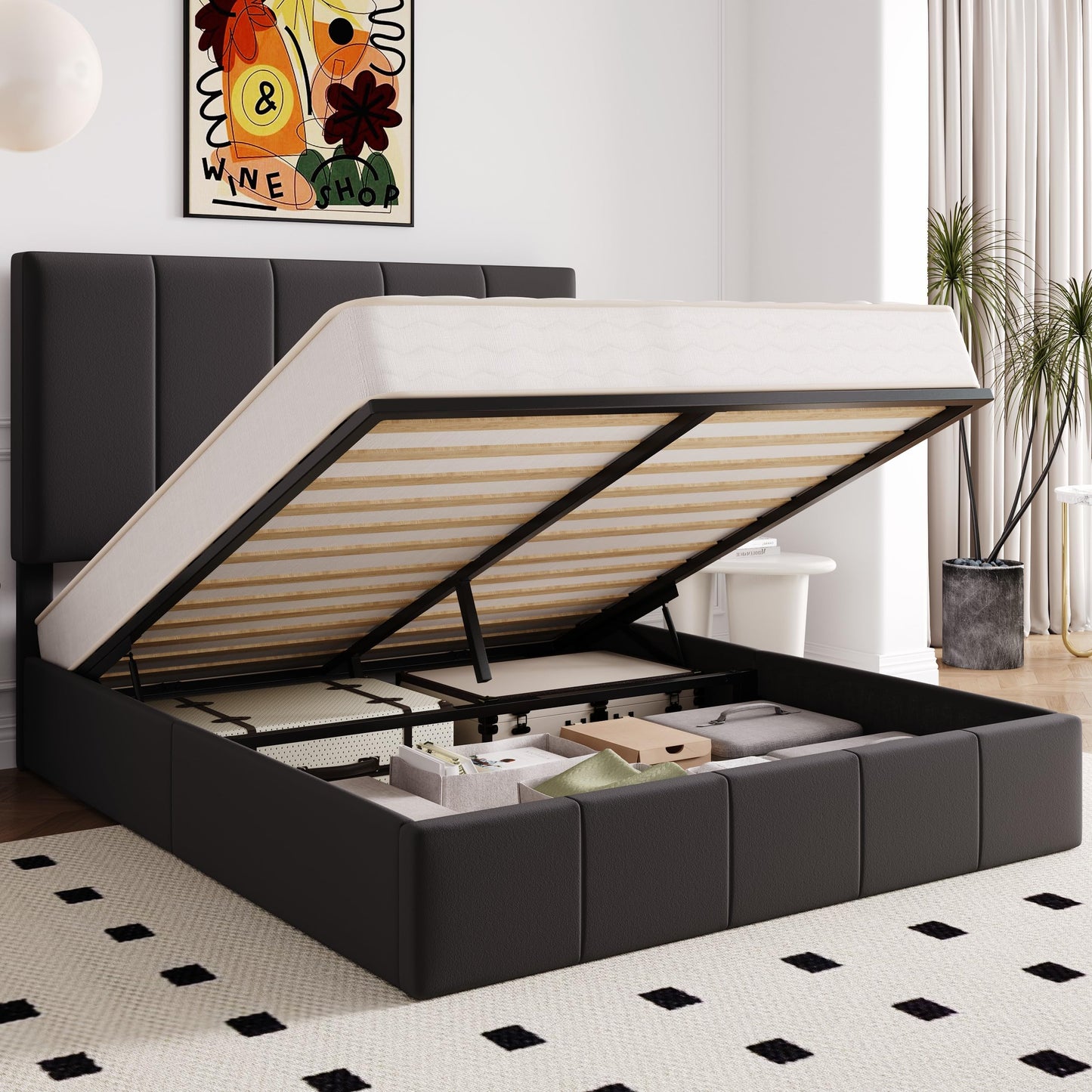Allewie Queen Size Velvet Lift Up Storage Bed Frame, Vertical Channel Tufted Headboard, Hydrualic Underneath Storage, Upholstered Platform Bed, Wooden Slats Support, No Box Spring Needed, Black