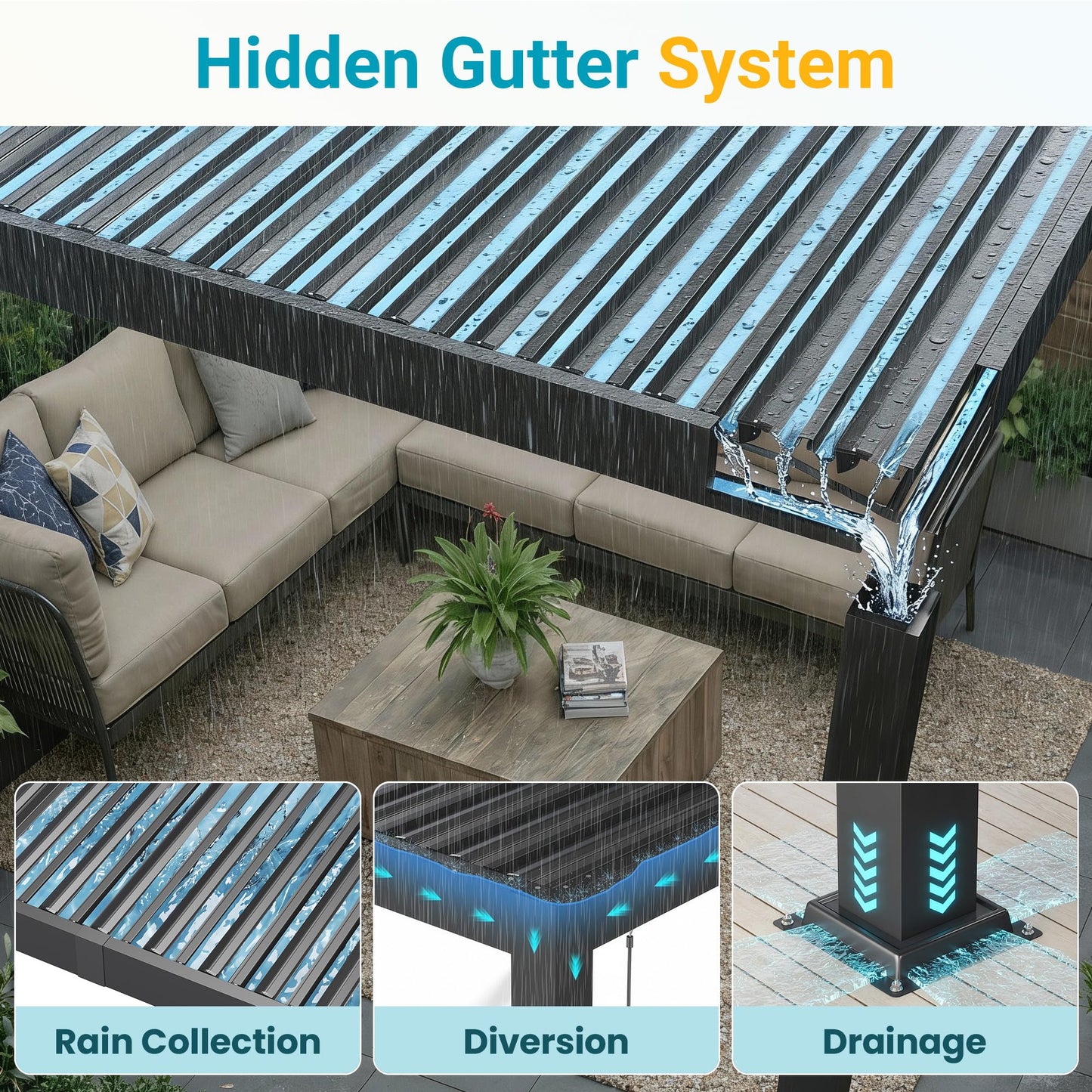 Louvered Pergola, 12' x 16' Outdoor Pergola, Metal Patio Gazebo with Adjustable Louvers Roof and Gutter System, Metal Hardtop Gazebo for Patio, Backyard, Deck, Garden, Dark Gray