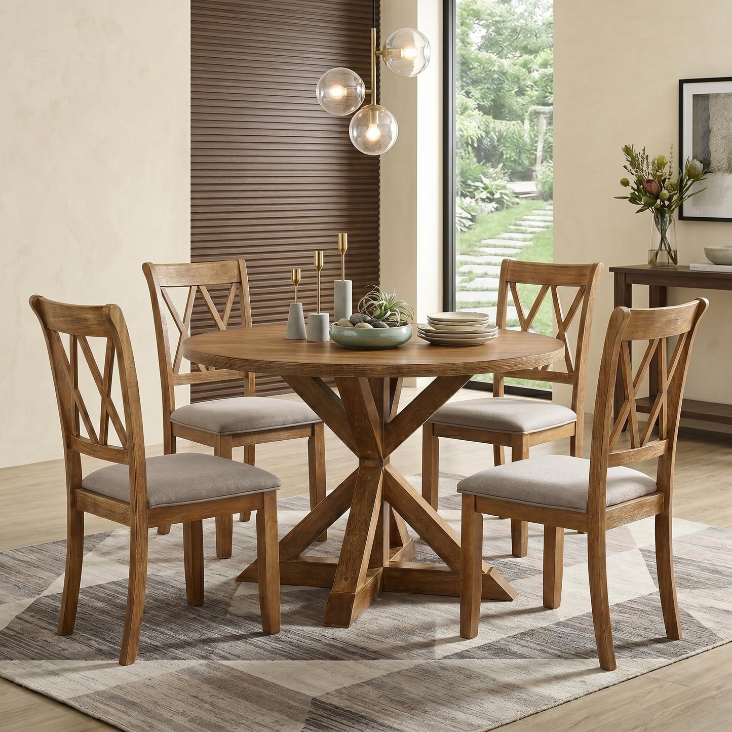 Roundhill Furniture Windvale Cross-Buck Wood 5-Piece Dining Set, Brown