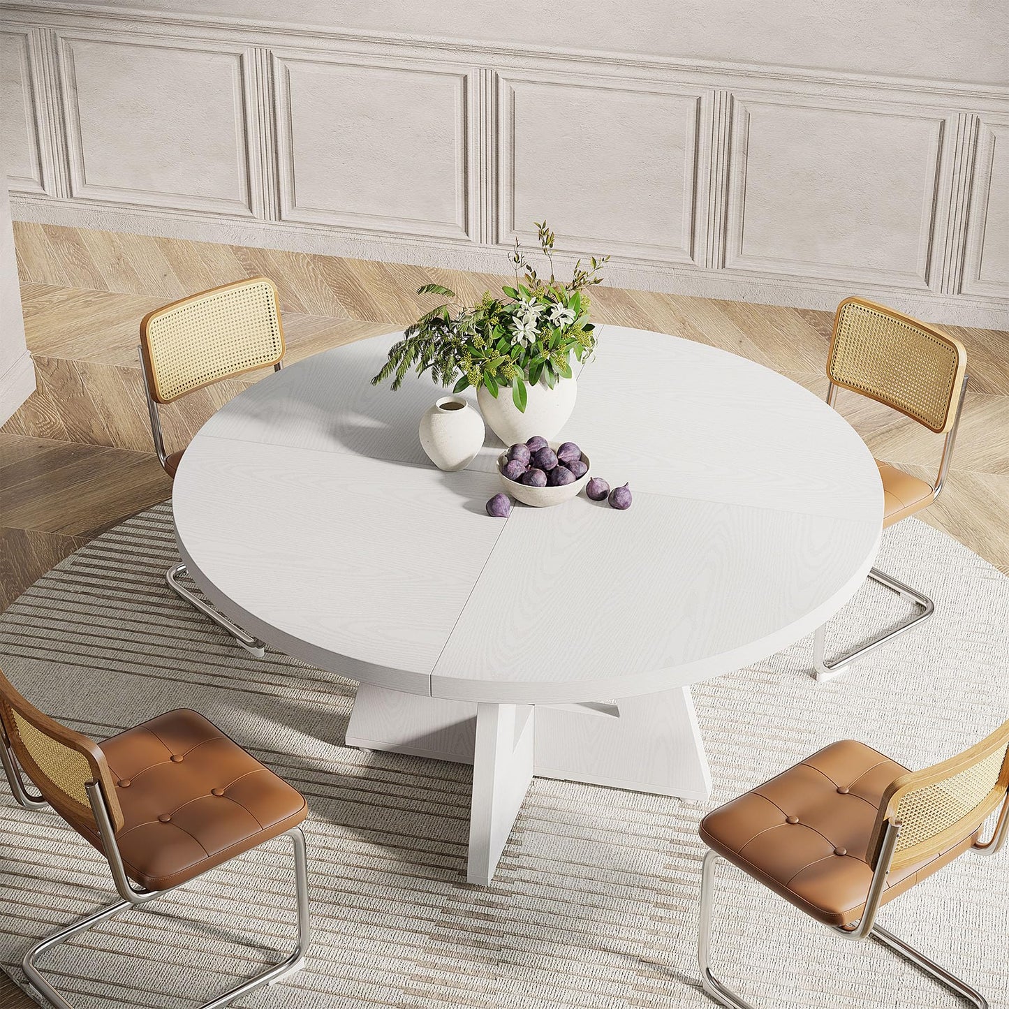 Tribesigns 47 inch Round Dining Table Wood Kitchen Table for Dining Room, 47" Dinner Room Tables for 4-6, Farmhouse Accent Furniture with Wooden Tabletop and Cross Base, White