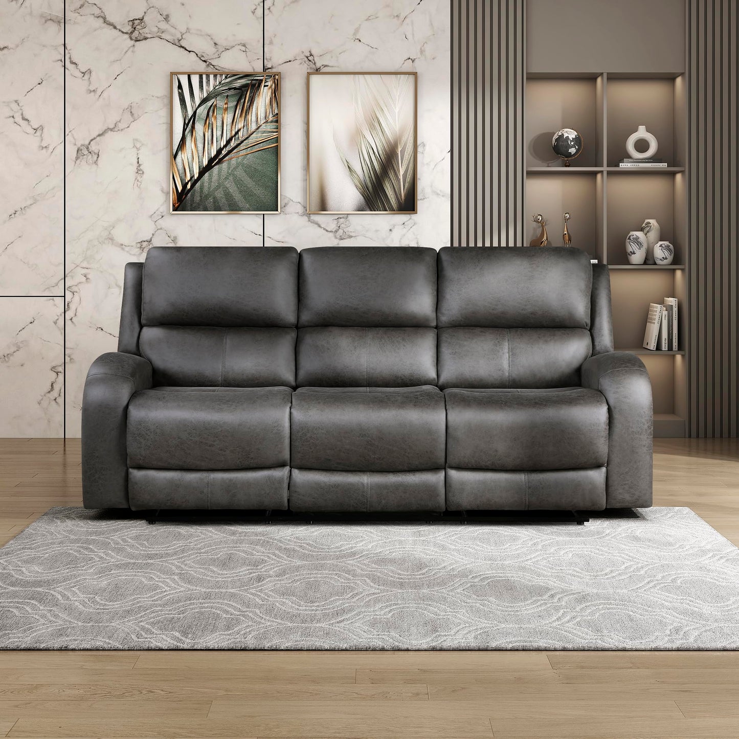 Lexicon Manual Double Reclining Sofa, Polished Microfiber Manual Wall Hugger Sofa Recliner for Living Room, Home Theater Seating, Track Arm, Stitching Cushion, Padded Foam Seat Cushion, Gray