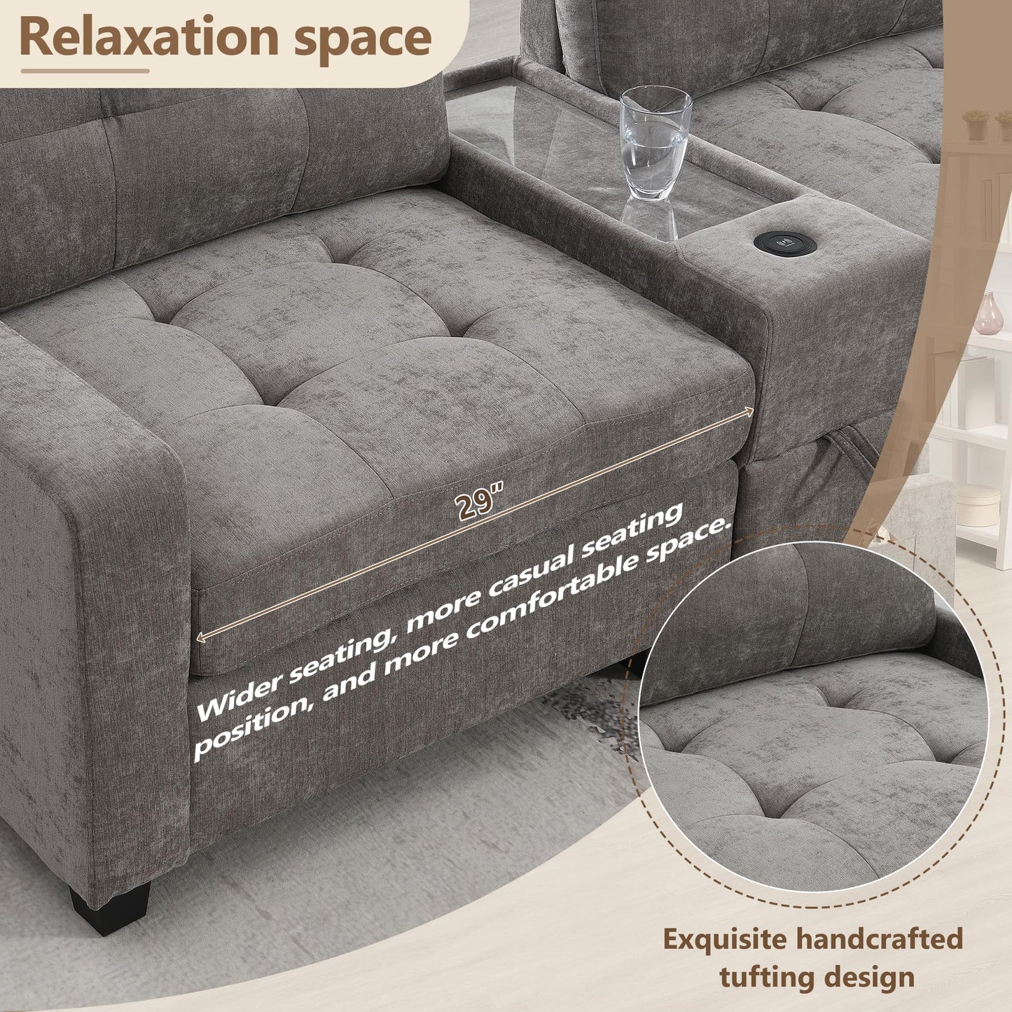 ERYE 104-Inch Oversized Tufted Corner Sectional Sofa 6 Seat Modular Convertible Sofa Couches W/Charging Station, Movable Ottoman, Storage Console,Drawers for Home/Apartment