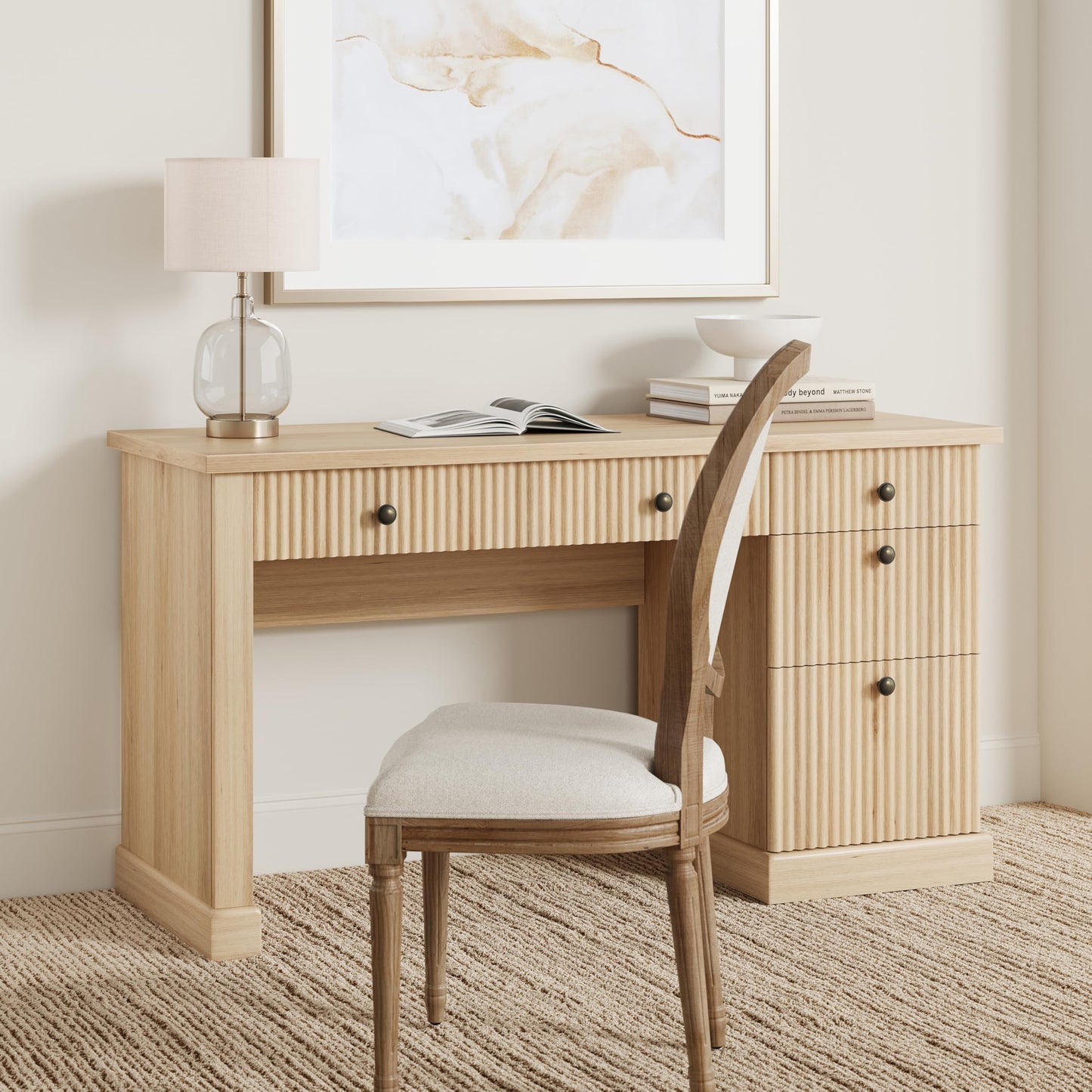 COZONY 54" Home Office Computer Desk with Drawers, Fluted Executive Desk with File Cabinet & Charging Station, Modern Wooden Writing Study Workstation for Study Room