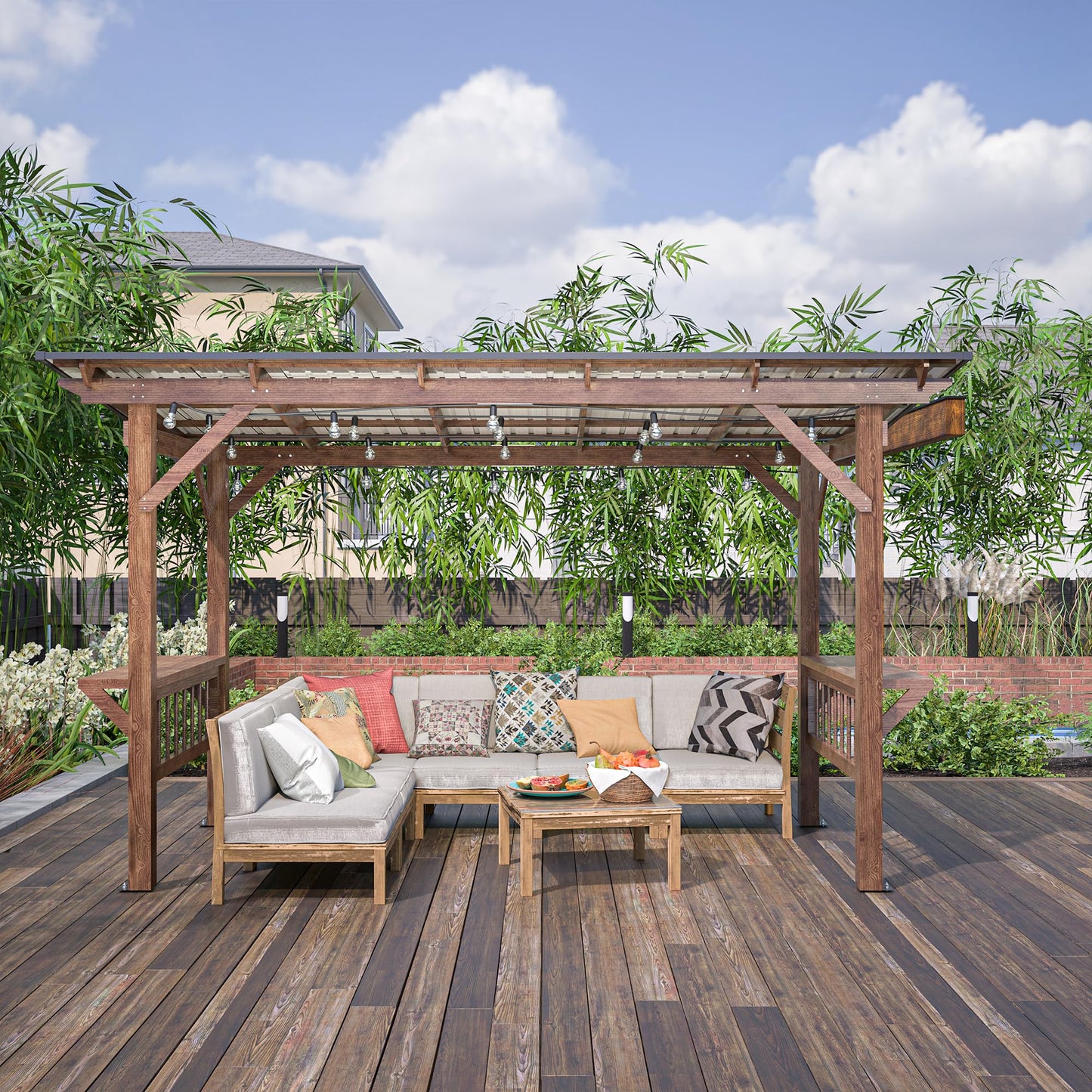 YOPTO 13x6.5 FT Outdoor Wooden Pergola Grill Gazebo with Metal Roof & Bulbs,Waterproof Garden Canopy W/Bar Counters,for Patio,Backyard,Swimming Pool,Brown
