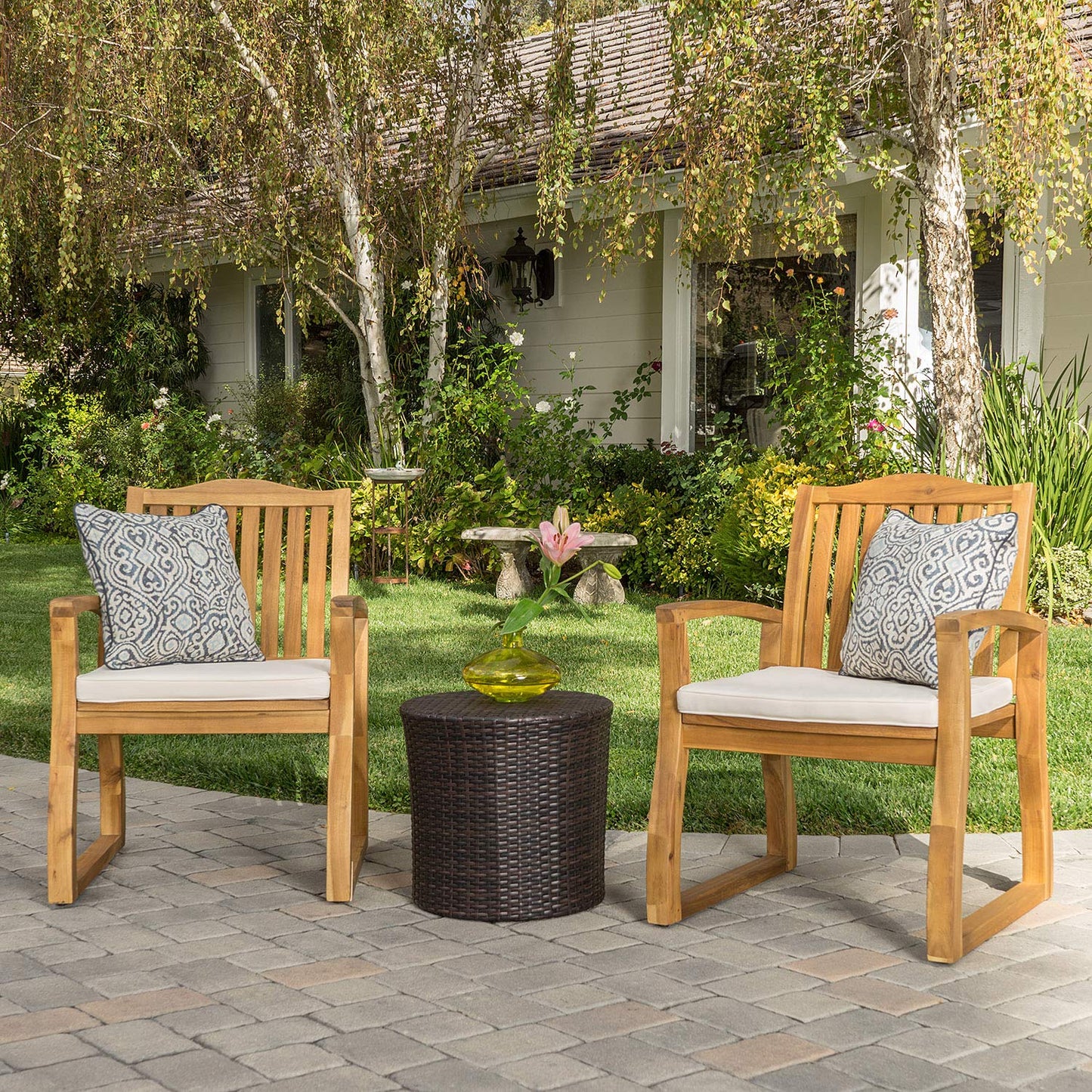 Christopher Knight Home Tampa Outdoor Acacia Wood Chat Set with Round Wicker Table, 3-Pcs Set, Teak Finish / Brown