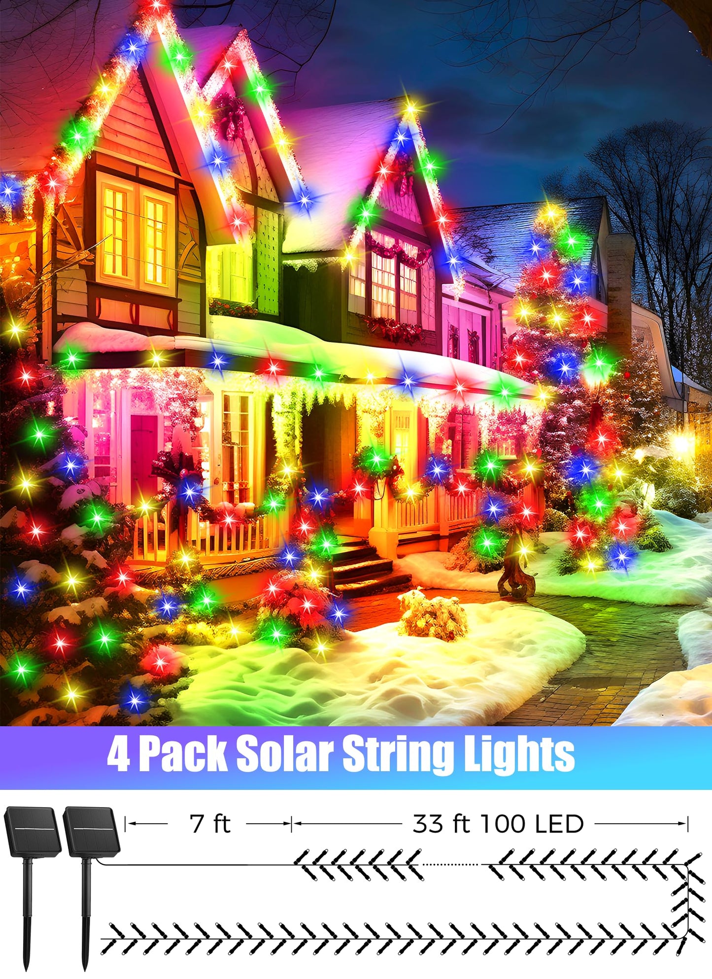 Minetom Solar String Lights, 4 Pack 160FT, 400 LED, 8 Modes, Waterproof, Multicolor, Model SOLAR-LUO