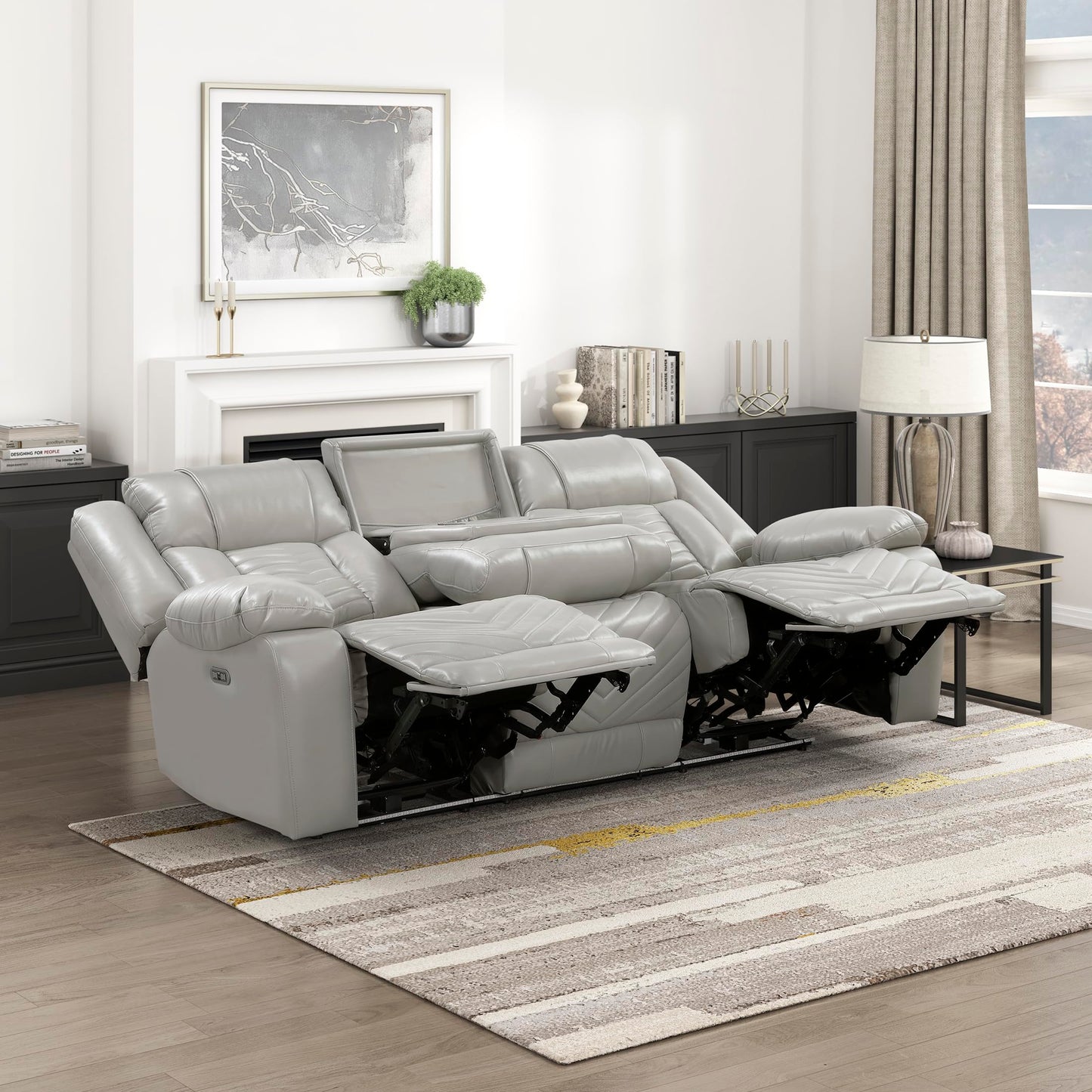 Lexicon Wall Hugger Power Double Reclining Sofa with Center Drop-Down Table, Faux Leather Home Theater Seating with LED Lighting/USB Charging Ports/Wireless Charger/Cup Holders, Magazine Pocket, Gray