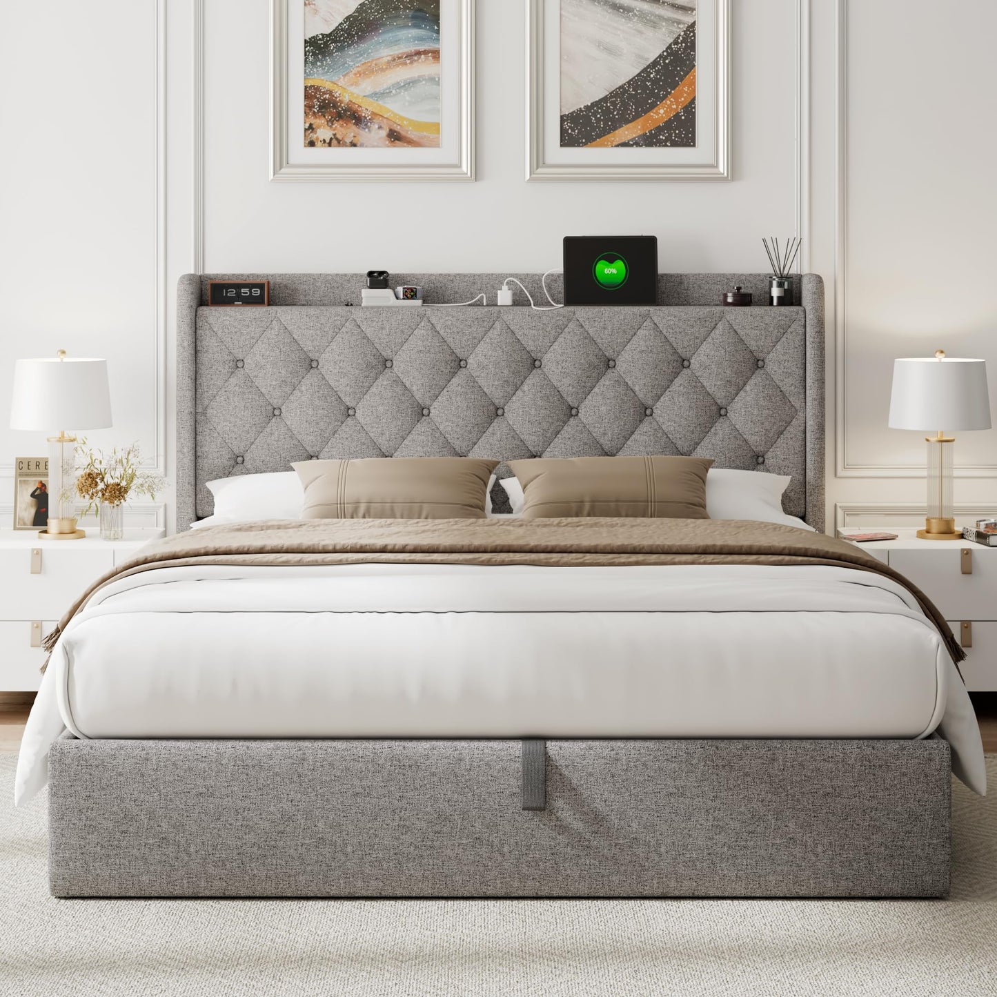 Feonase Queen Bed Frame with Storage & Charging Station - Hydraulic Lift Up Platform Bed, Upholstered Button Tufted Headboard, Sturdy Wooden Slats, Noise-Free, No Box Spring Needed,Light Gray
