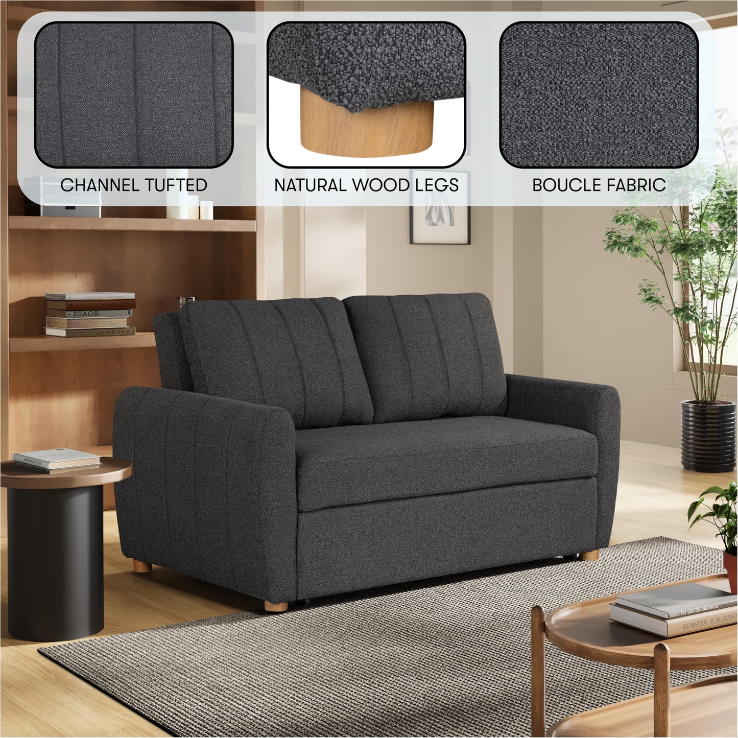 Serta Galway 66.5" Convertible Sleeper Loveseat, Full Size, Dreamcoil Comfort, FingerGuard Pinch Point Protection, Boucle Fabric, Charcoal