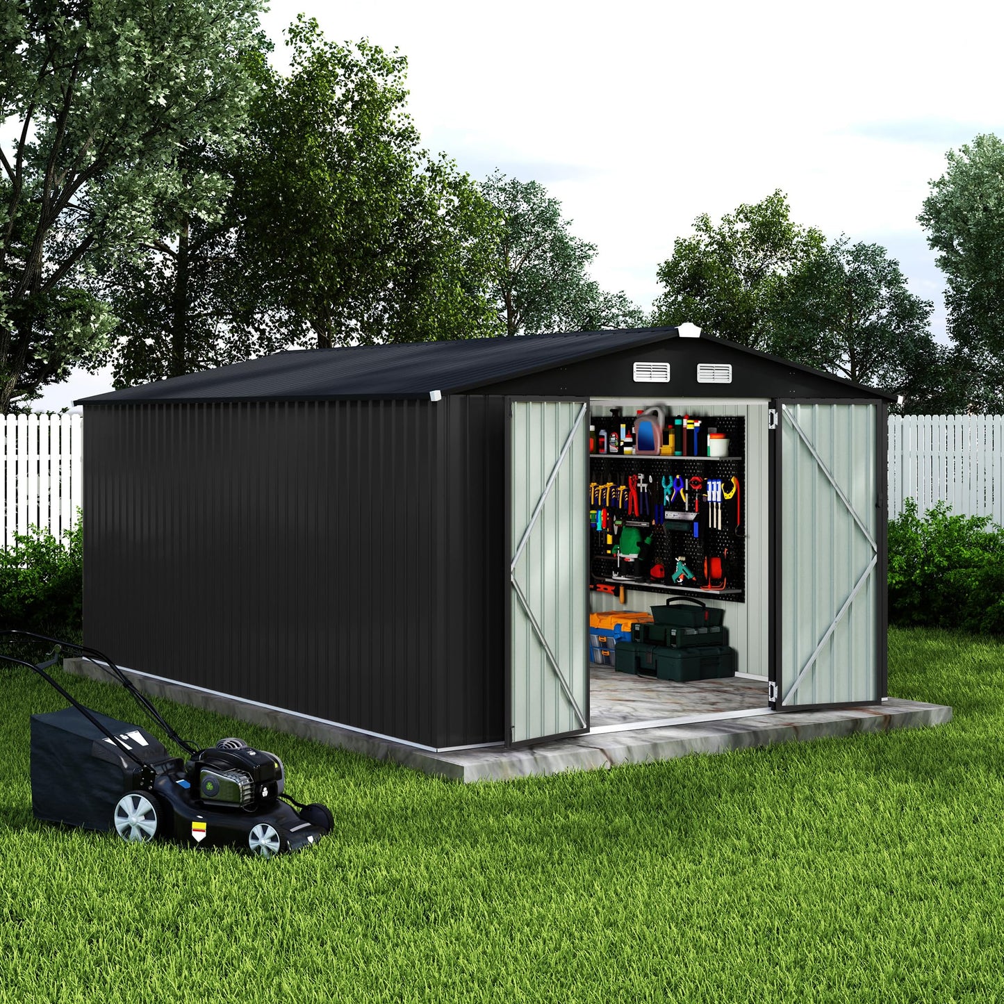 10X14 FT Metal Storage Sheds Outdoor, Metal Yard Sheds Garden Shed Kit, Tool Shed with Lockable Door, Utility Sheds Buildings with Air Vent for Backyard Garden Patio Lawn