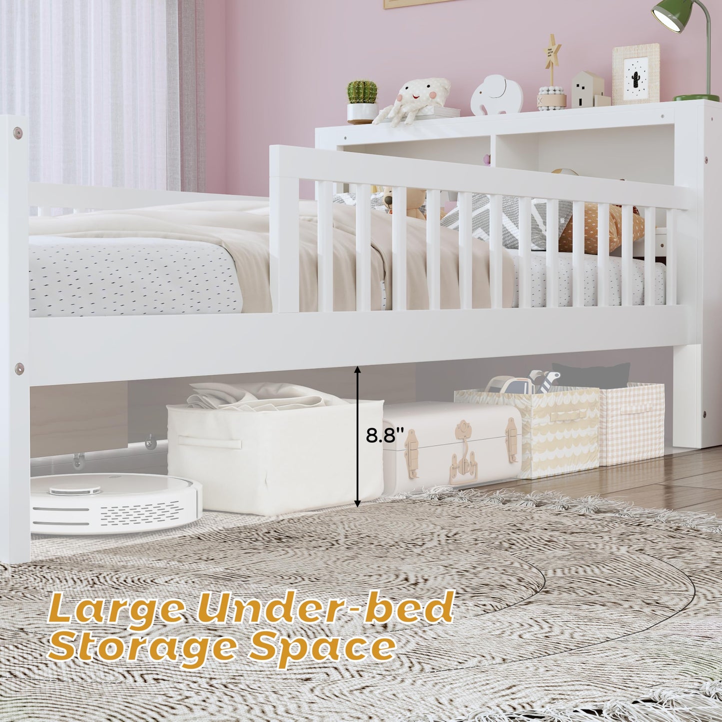 Merax Twin Size Platform Bed with Storage Headboard and Two Under-Bed Drawers, Solid Wood Bed Frame & Three-Side Safety Guardrails for Bedroom, Guest Room, No Box Spring Needed, Easy Assembly, White
