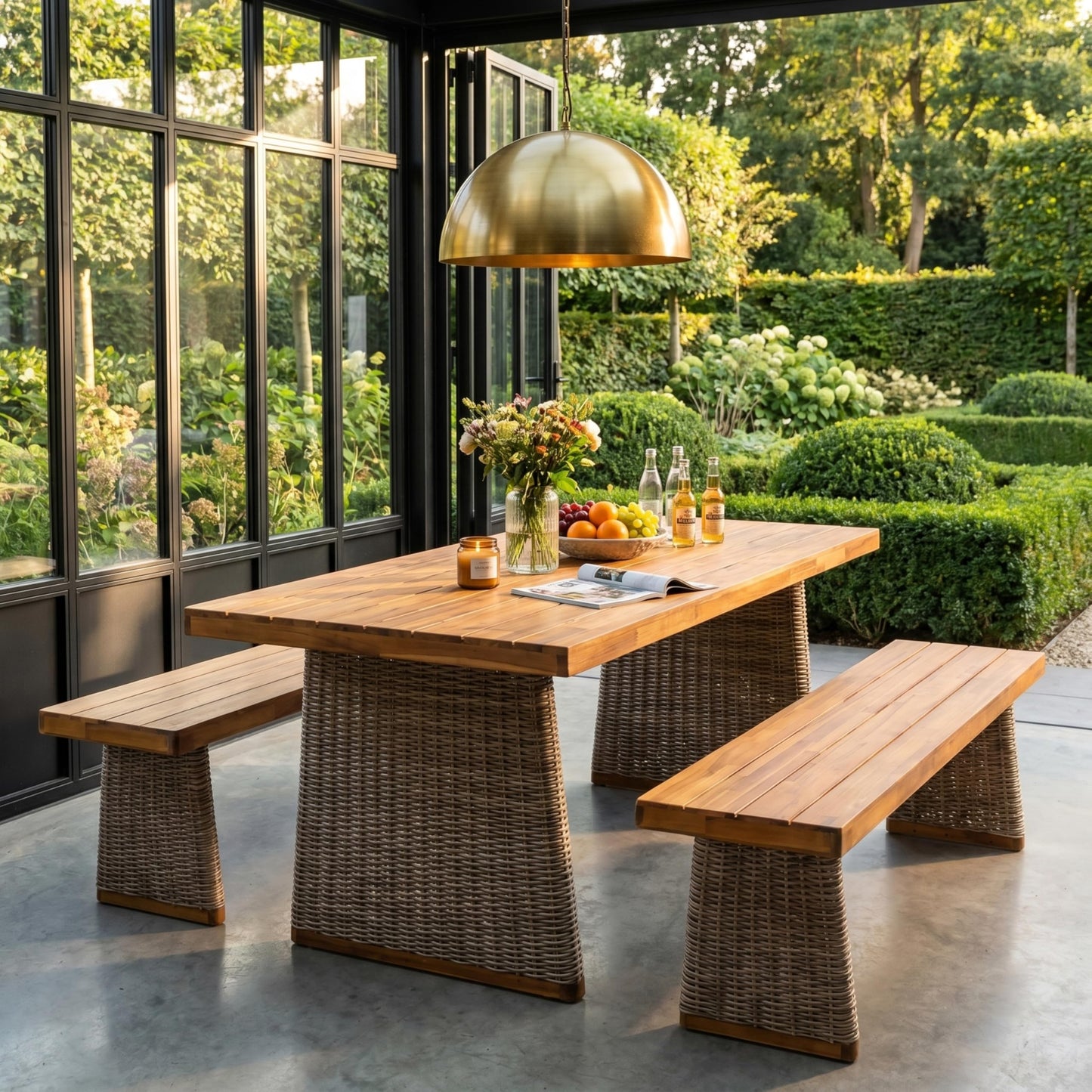 Christopher Knight Home Xavi Patio Acacia Wood Dining Set, Outdoor Side Table and Chairs Set with Slatted Panel Design and Handwoven Rattan Legs, Outdoor Furniture Set for Garden, 3 pcs, Brown + Teak