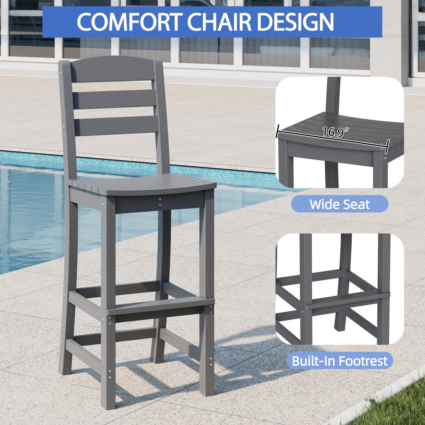 Shintenchi 3 Pieces Outdoor High Top Bar Set, 1 Patio High Top Round Table and 2 Bar Height Tall Adirondack Chair, All-Weather Outdoor Bistro Bar Set for Balcony Pool Deck, Dark Grey