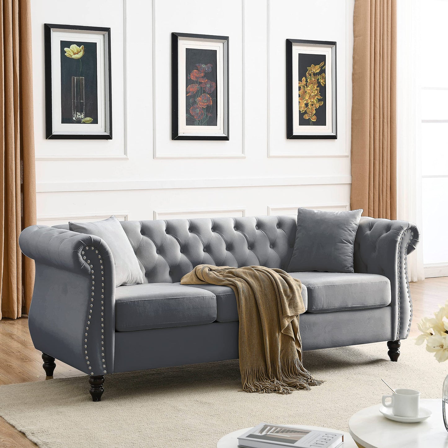 KEIKI Chesterfield Sofa, Retro Style Upholstered 3 Seater Velvet Couch with Rolled Arm for Living Room Bedroom Office Apartment, Grey
