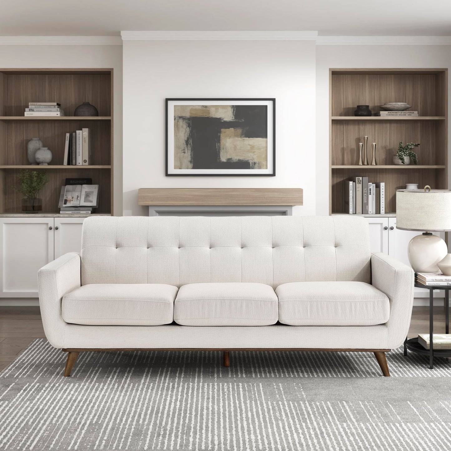 Lexicon Modern Accent Couch, Textured Fabric Upholstered Sofa with Brown Wood Legs, Track Arms, Tufted Couch Back, 3 Seater Sofa for Living Room/Office/Waiting Room, Beige