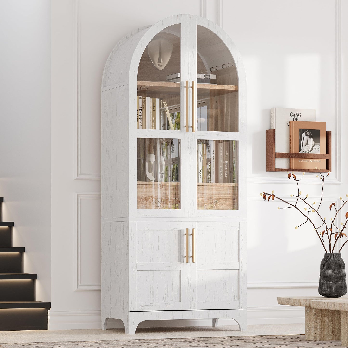 Ball & Cast Arched Kitchen Pantry Cabinet with Door Shelves,Farmhouse Cookroom Storage Cabinets W/Open & Adjustable Shelves,Glass Door & Hidden Drawer,Cupboard for Kitchen,Dining Room,White,71" Tall