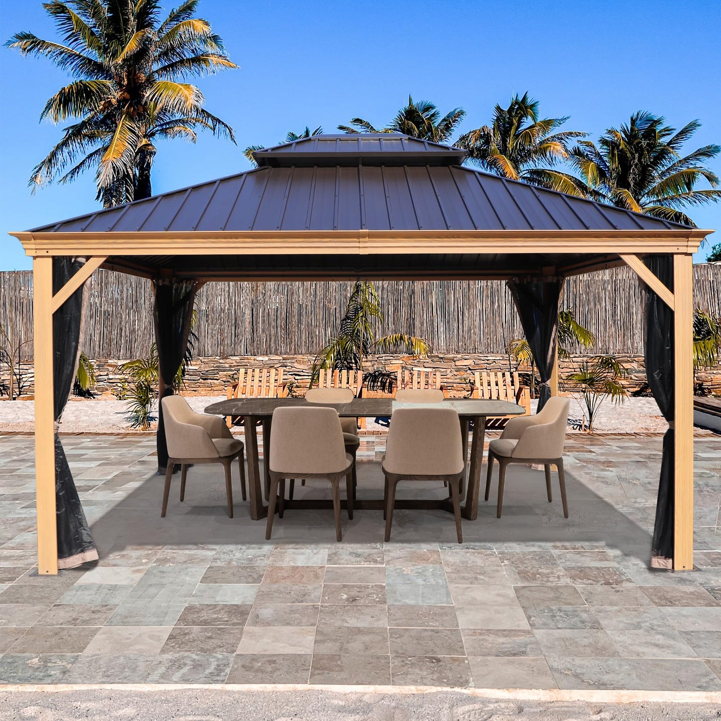 Kozyard Apollo 12’x14’ Hardtop Gazebo, Wooden Coated Aluminum Frame Canopy with Galvanized Steel Double Roof, Outdoor Permanent Metal Pavilion with Netting for Patio Lawn