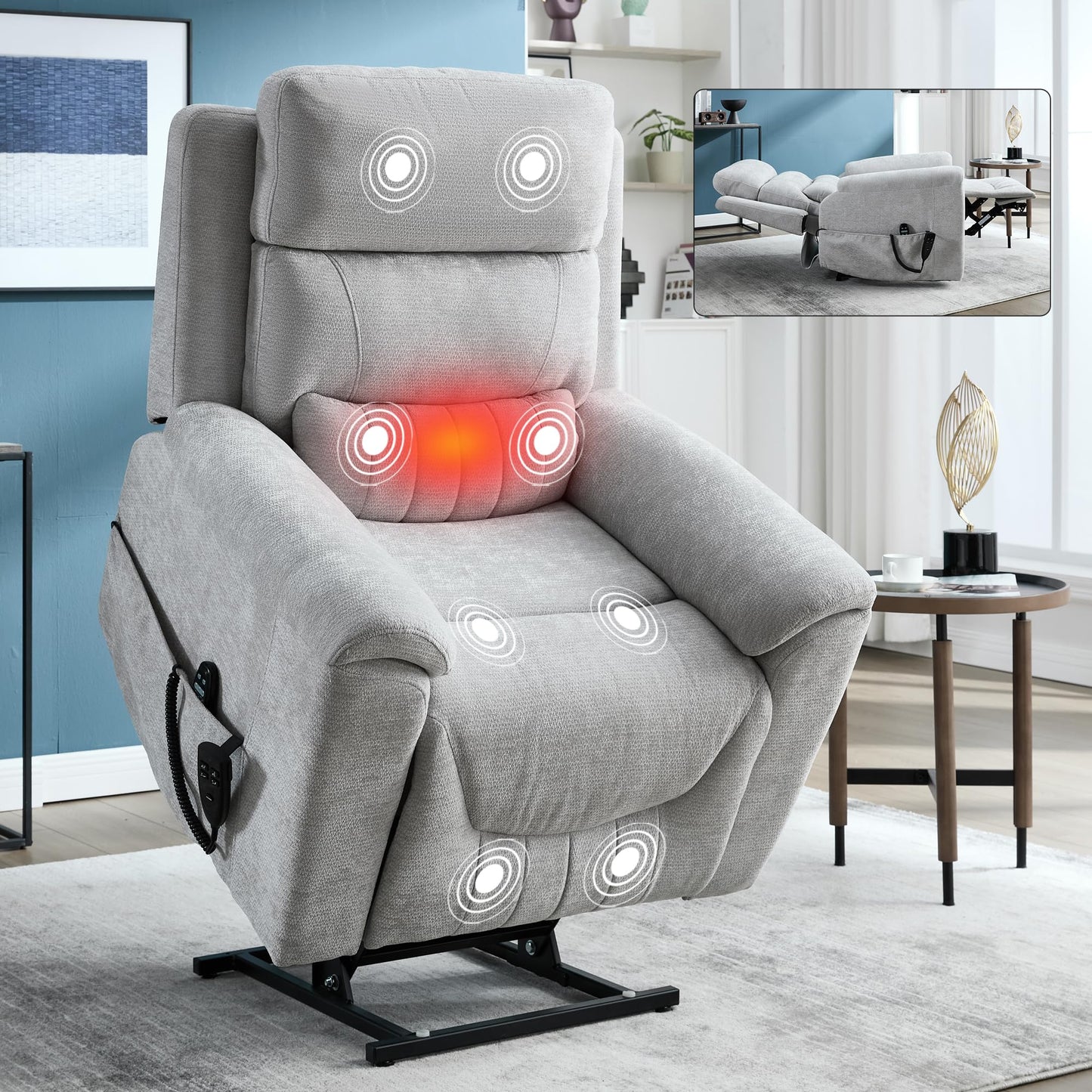KEIKI Dual Motor Power Lift Recliner Chair with Massage & Heat, Leatherair Upholstery, Heavy Duty Motion Mechanism, Pillow Back & Arms, 8-Point Vibration, Lumbar Heating, American Style, Light Grey
