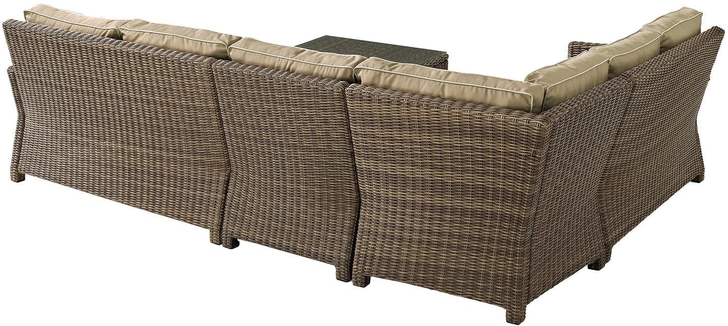 Crosley Furniture Bradenton 5-Piece Outdoor Sectional Sofa Wicker Conversation Patio Furniture Set for Deck, Brown with Sand Cushions
