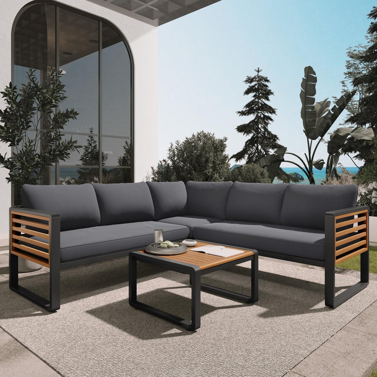 4 Pieces Outdoor Patio Conservation Set, Metal and Wood Frame Sectional L-Shaped Sofa with Soft Cushion and a Coffee Tables for Garden, Backyard, Porch and Deck, Gray