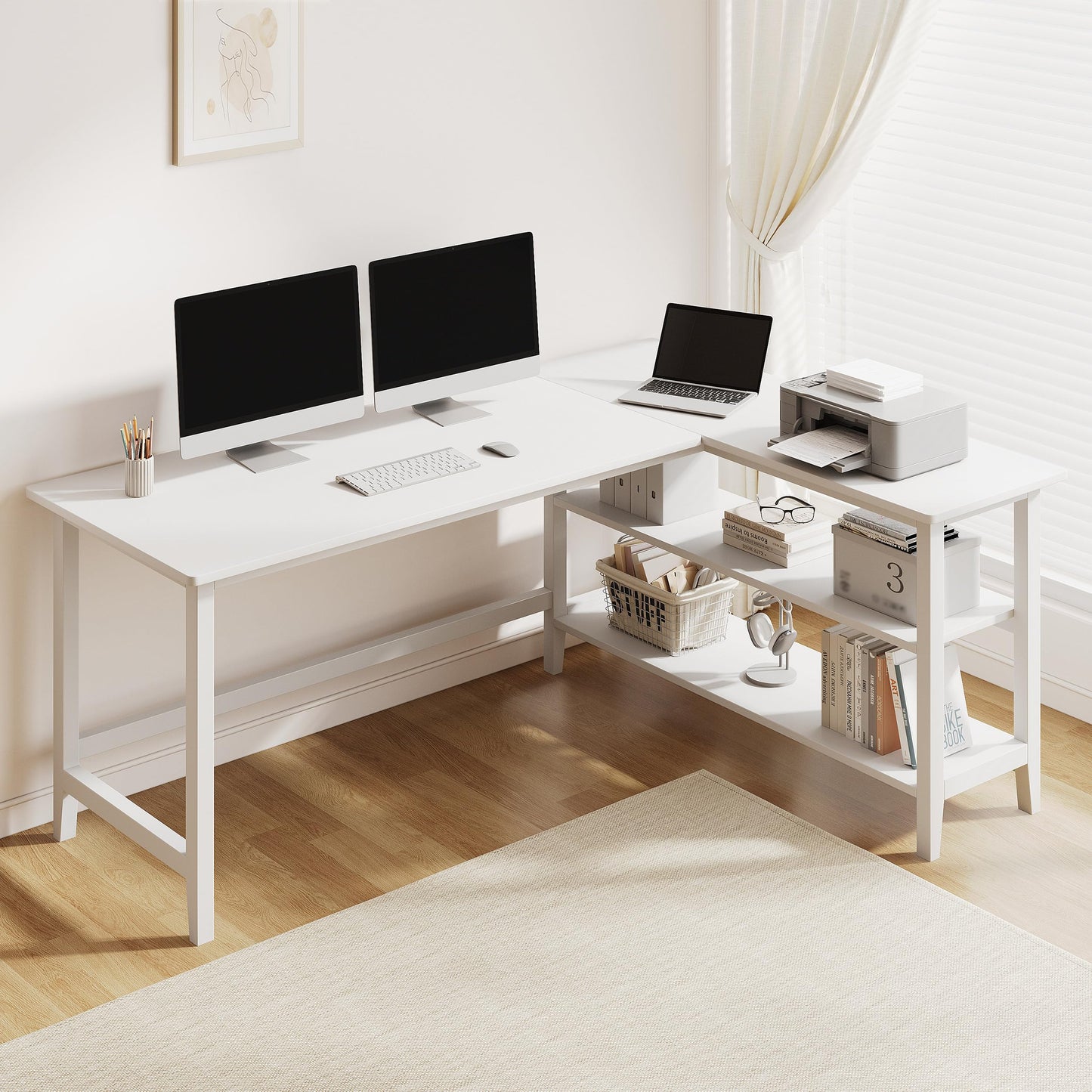 IOTXY Reversible L-Shaped Office Desk - 63" Extra Large Corner Computer Table with Storage Shelves, Solid Wood Legs, Home Writing & Study Workstation, White