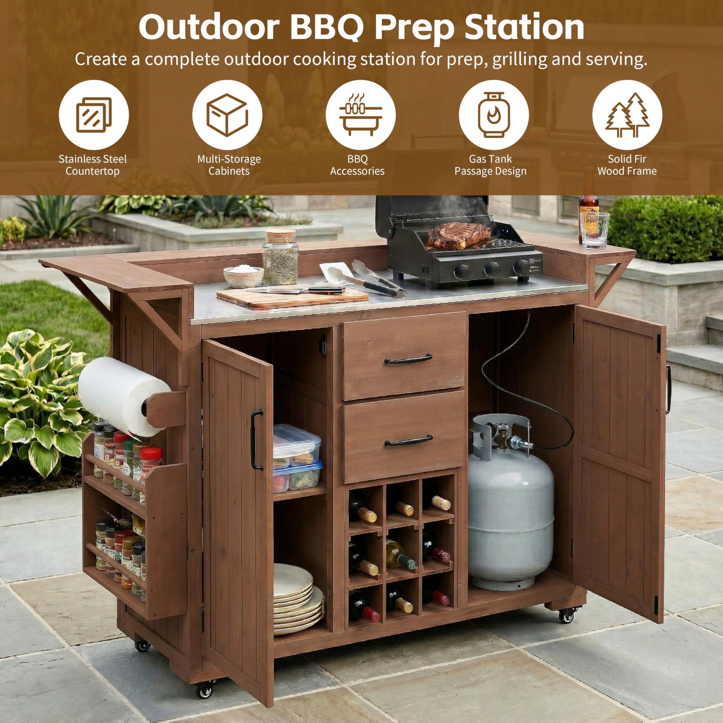 Merax 60.2''W Outdoor Kitchen Island on Wheels with Stainless Steel Top, Wood Rolling Patio Grill Cart with Storage Cabinets, Drawers, Spice Rack & Wine Rack, Outdoor Grill BBQ Prep Table, Brown