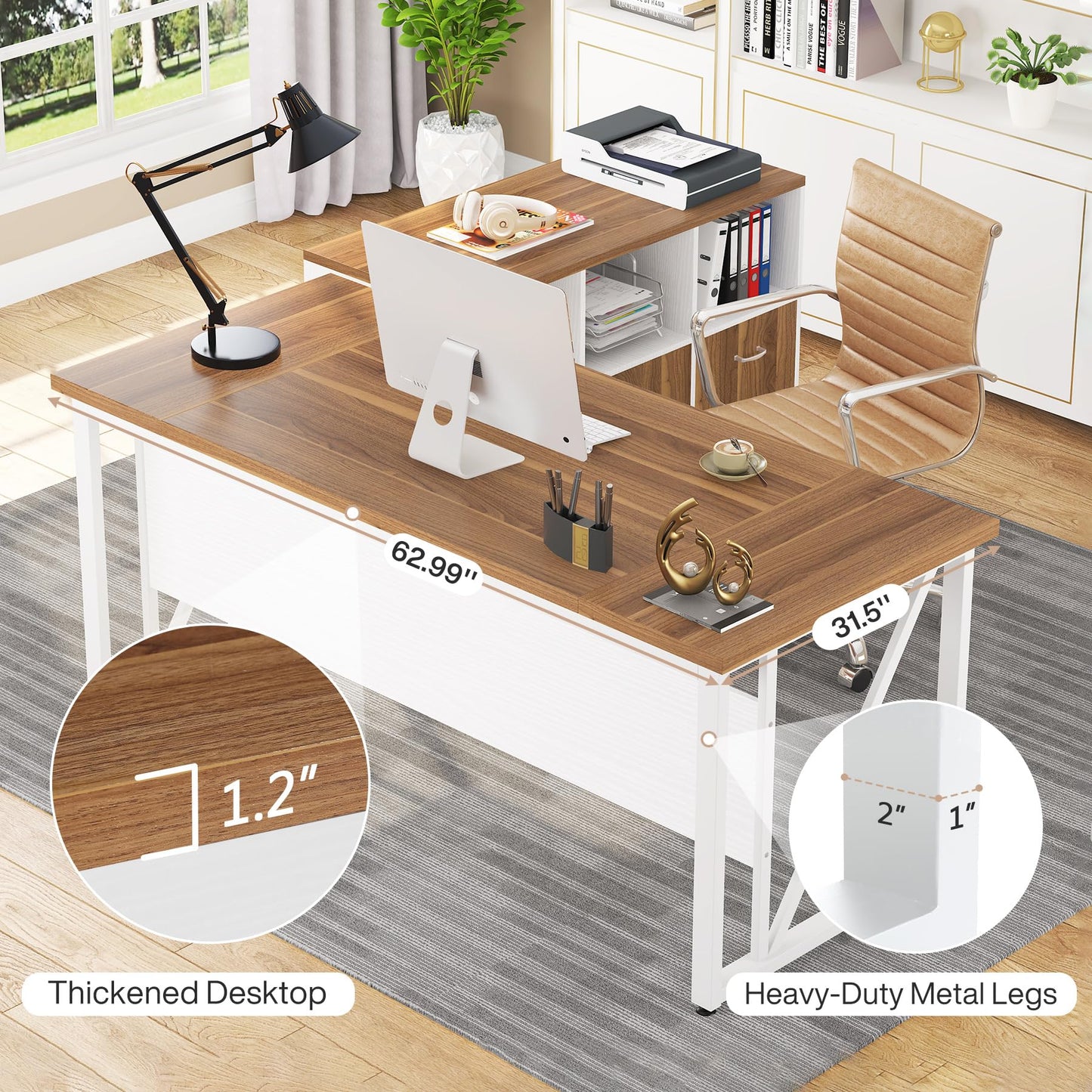 Tribesigns 63 inches Executive Desk and 47" lateral File Cabinet, L-Shaped Computer Desk Home Office Furniture Set with Drawers and Storage Shelves, Office Table with Cabinet (Walnut+White, 63)