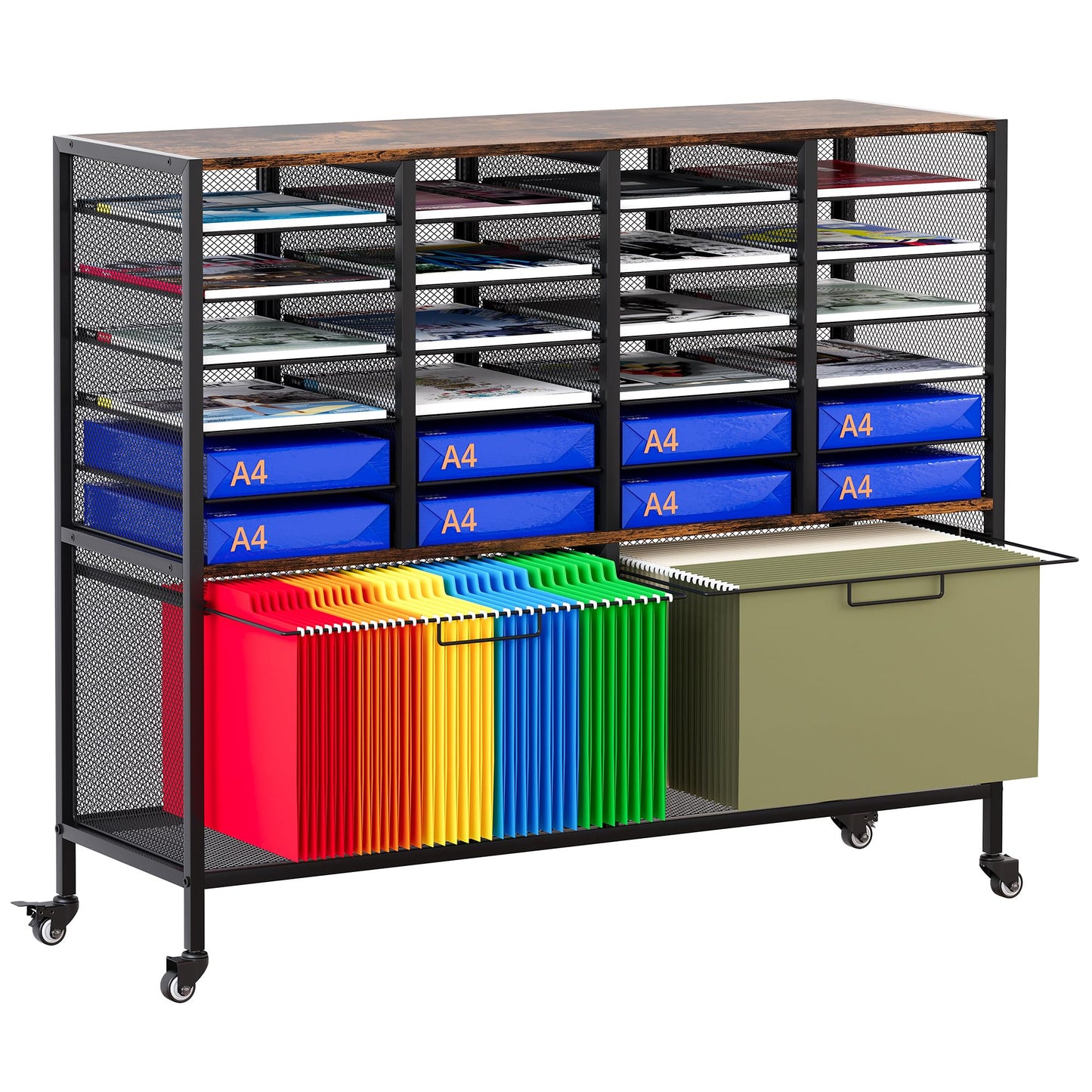 EasyPAG Rolling File Cart with 24 Slot Mail Organizer, Under Desk Storage with Hanging File Rack for Letter/Legal Folders, Mobile Filing Cabinet Printer Stand for Office Home Classroom, Black