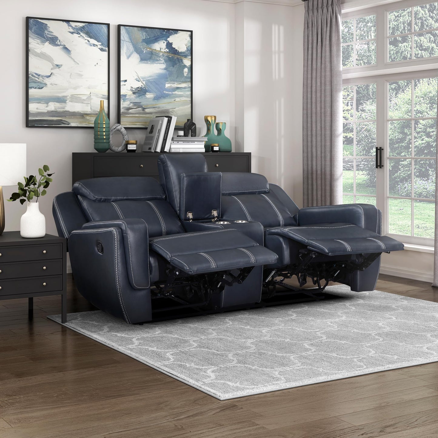 Lexicon Modern Double Reclining Loveseat, Faux Leather Recliner Loveseat with Headrest, Center Console, Receptacles and USB Ports, Manual Recliner Loveseat Sofa for Living Room/Office/Apartment, Blue