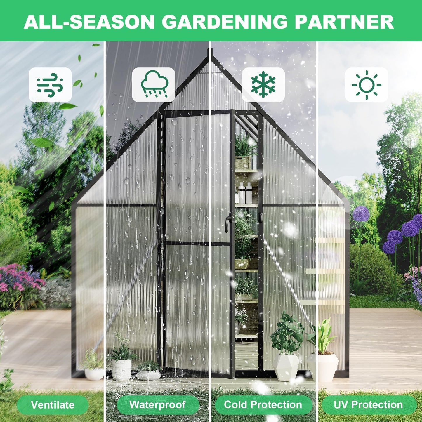 6x9 FT Greenhouse, Walk in Green Houses for Outside and Garden Planting, Polycarbonate Greenhouse with Aluminum Frame, Lockable Door and Ajustable Roof Vent for Backyard, Patio