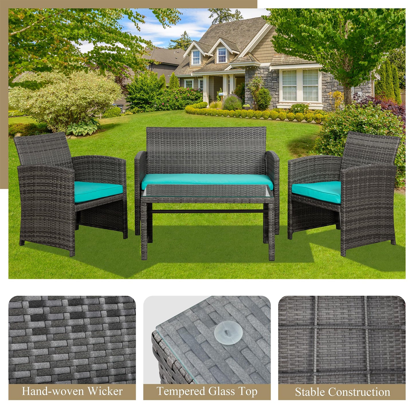 JAMFLY 4 Piece Outdoor Patio Furniture Set, Outdoor Wicker Rattan Chairs Conversation Sets with Cushions & Coffee Table for Outside, Garden, Balcony, Porch, Blue