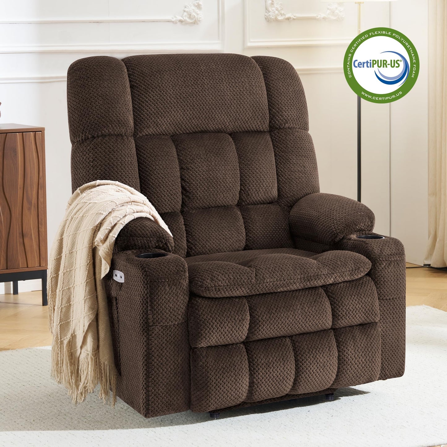MCombo Oversized Power Lift Recliner Chair for Elderly, Dual Motor Lift Chair with Heat and Massage, Lay Flat Lift Chair for Big and Tall, Cup Holders, Fabric R7891 (Oversize, Mocha)