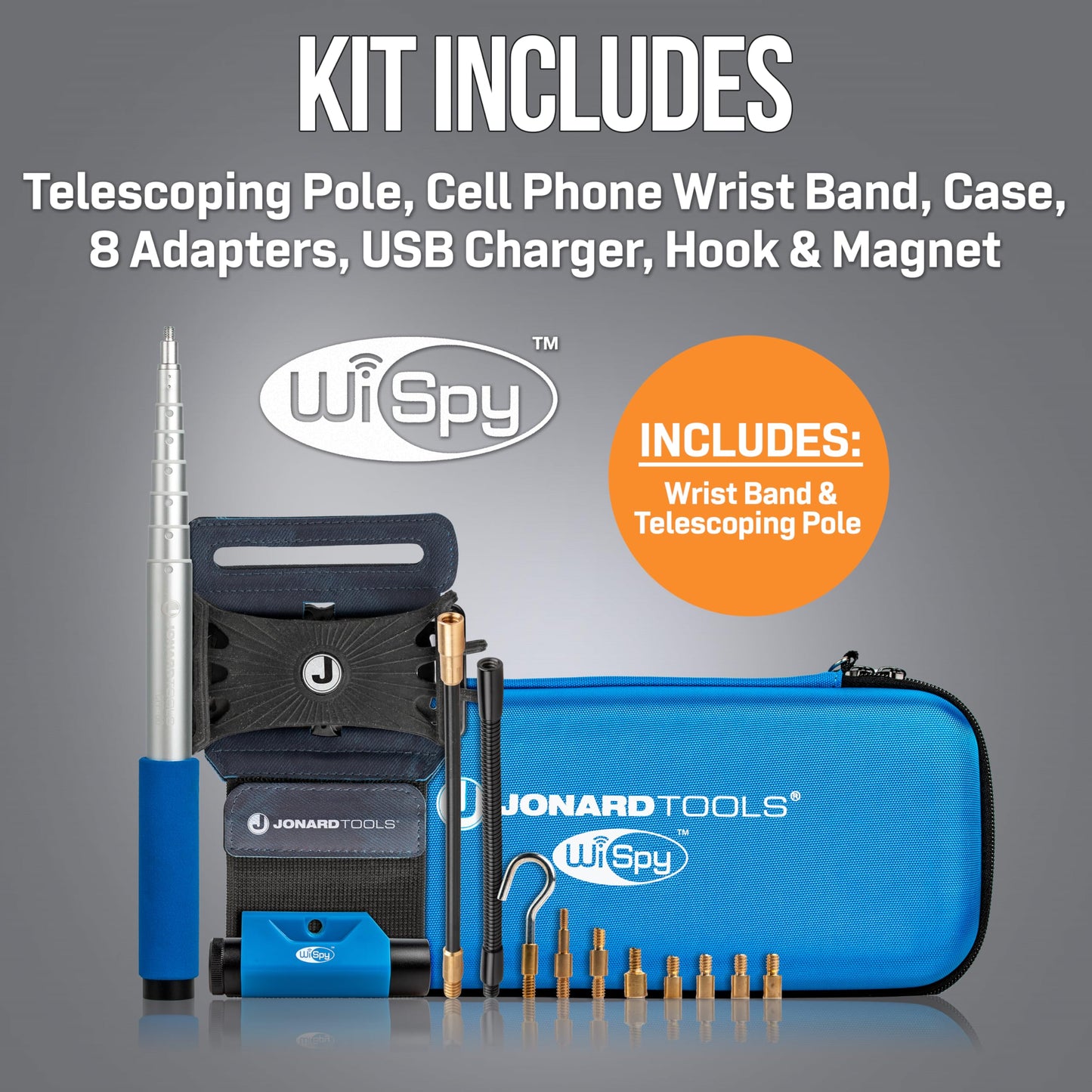 Jonard Tools Wispy CF-200 Multipurpose Wireless Inspection Camera - WiFi Borescope & Cable Pulling Tool with Telescoping Pole, Wrist Band & Rod Adapters