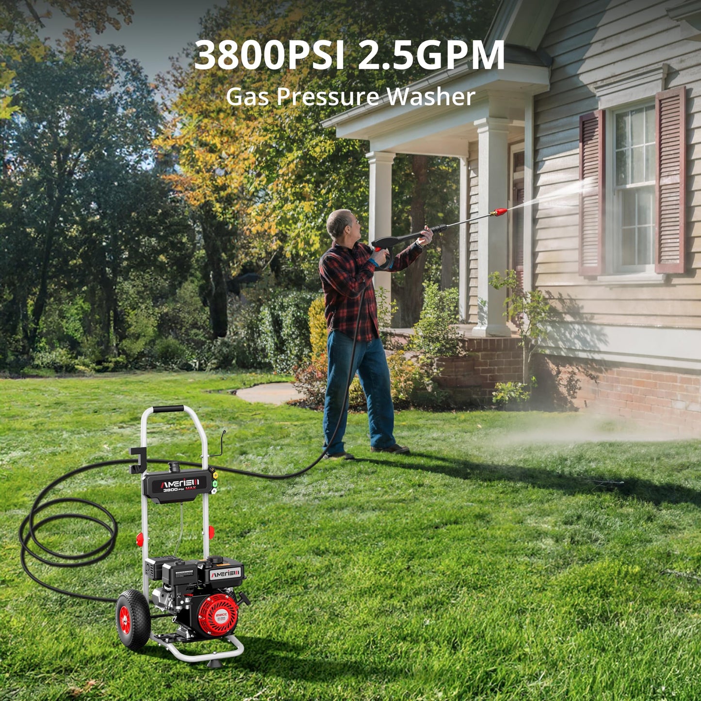 AMERISUN Gas Pressure Washer 3800 PSI 2.5 GPM, Gas Powered Pressure Washer 212CC 4-Stroke OHV Engine, 10" Wheels 5 Nozzle Set for Cars Fences Driveways Patios Furniture Home