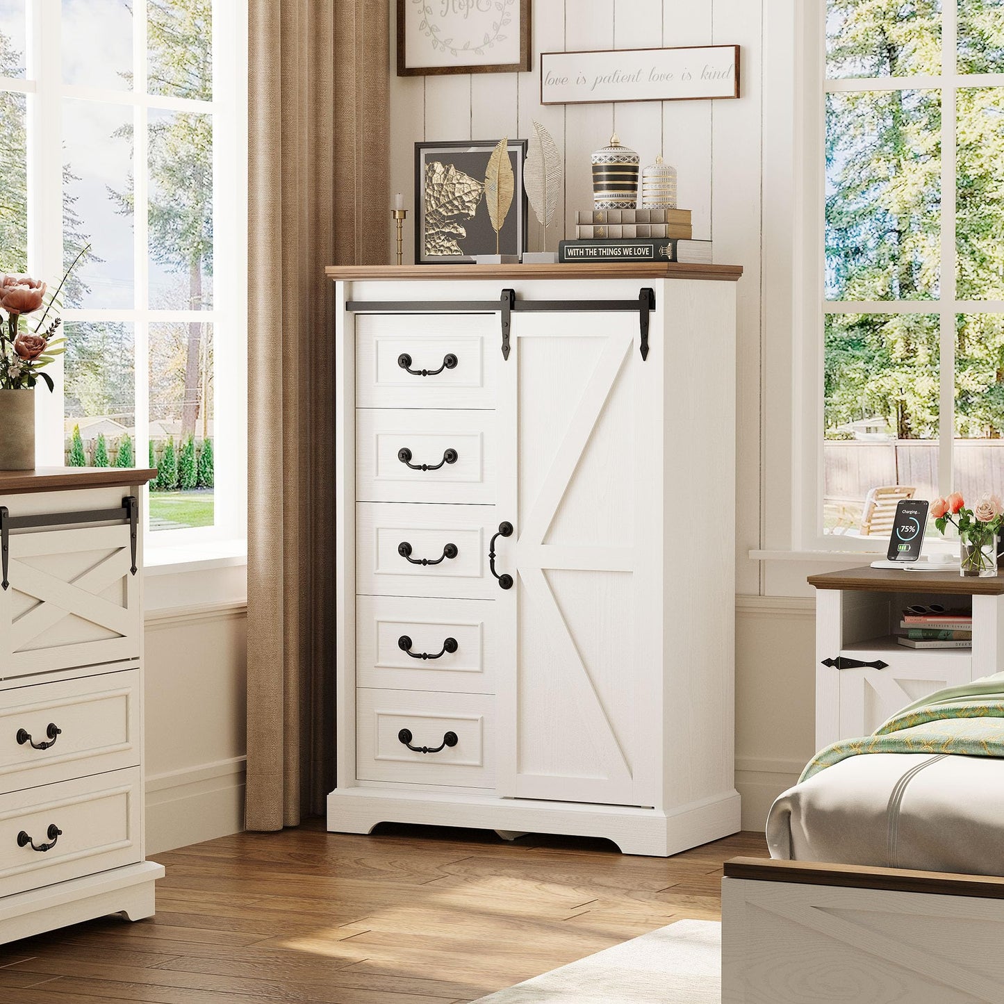 IRONCK 5 Drawers Dressers for Bedroom, Farmhouse Dresser Chest of Drawer with Sliding Barn Door,48” Tall Dresser Storage Organizer for Living Room, Entryway, White/Walnut