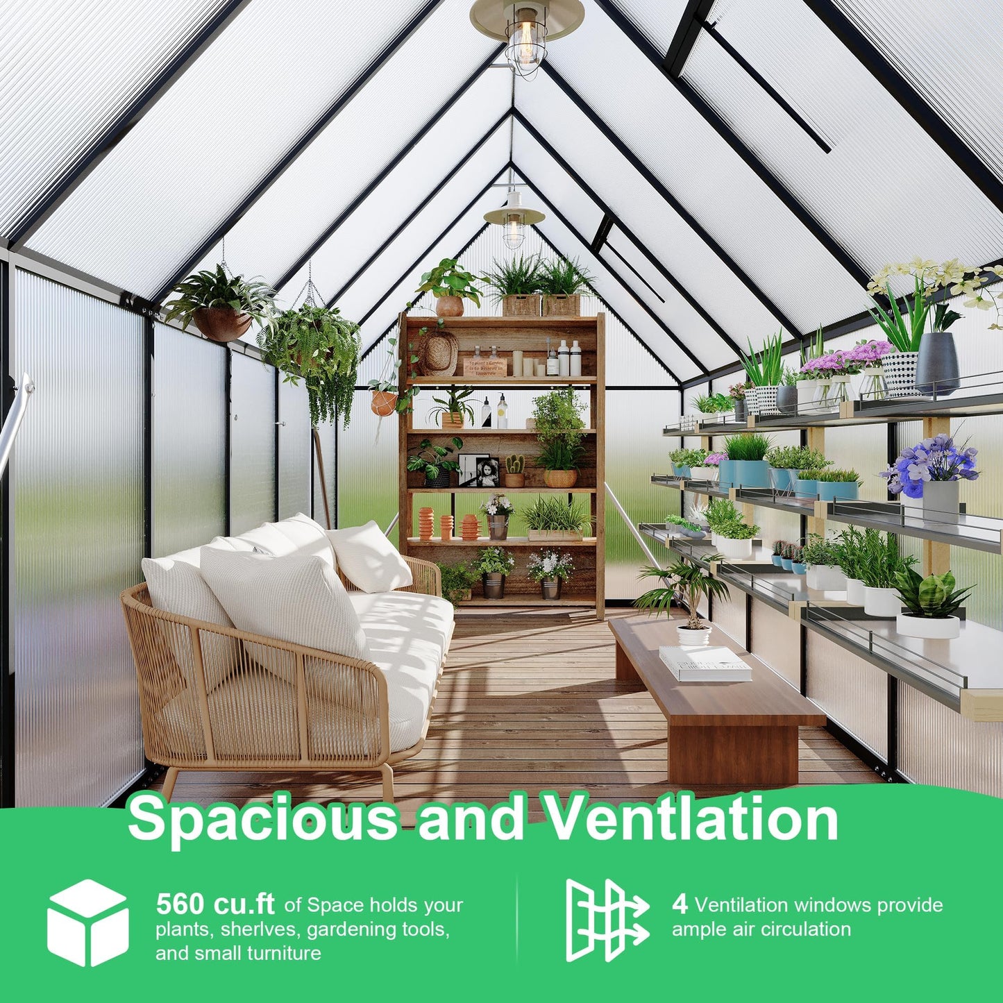 CABIHOME 8x12 FT Outdoor Greenhouse, Polycarbonate Greenhouse with Roof Vent and Ground Nails, Aluminum Large Walk-in Green House w/ Lockable Push Door for Outdoor Garden (Black, 6x11 FT)