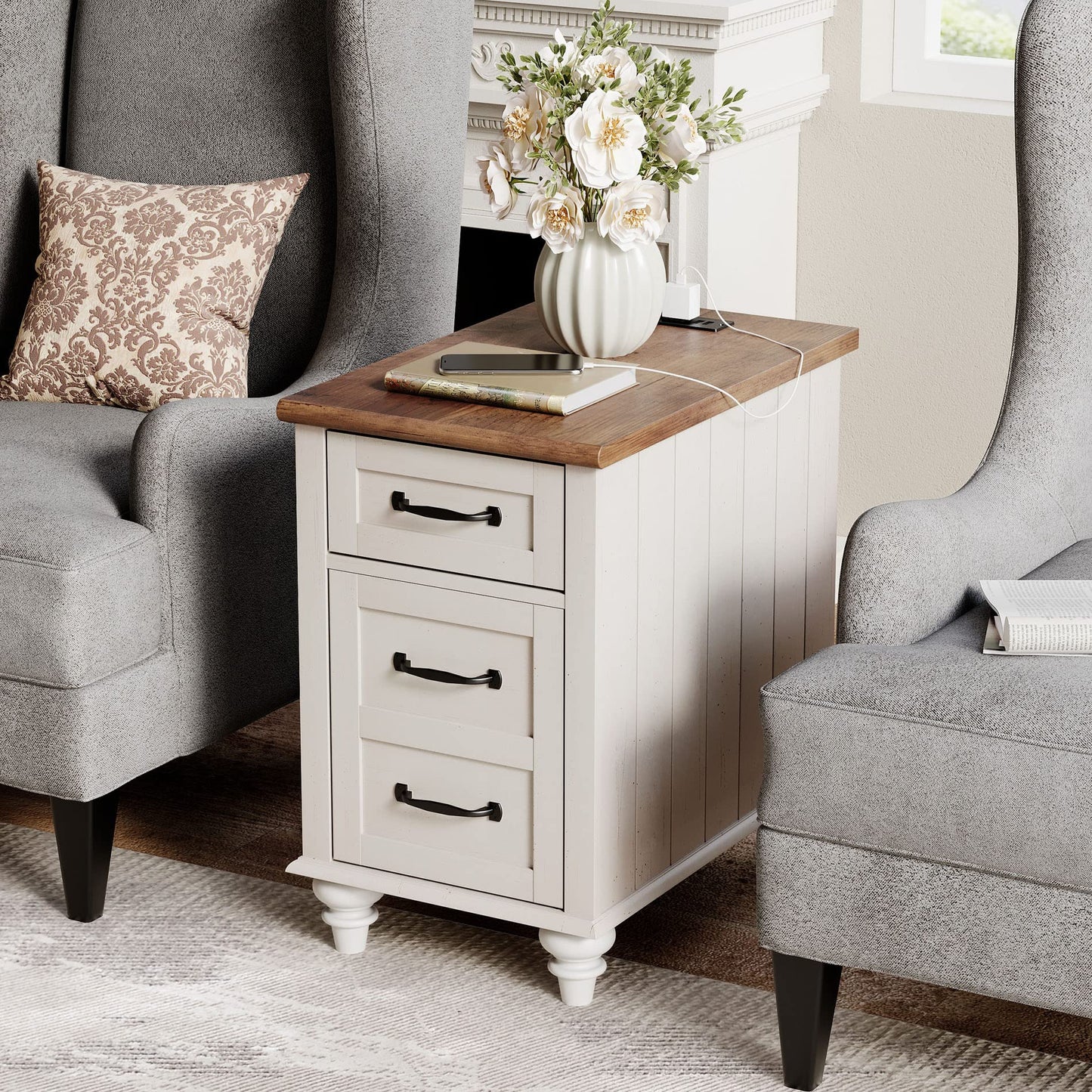 WAMPAT 2 Pack End Tables with Charging Station, White Wood Sofa Side Table with Drawer & Storage Cabinet, Modern Nightstand with Power Outlets & USB Ports for Living Room, Bedroom