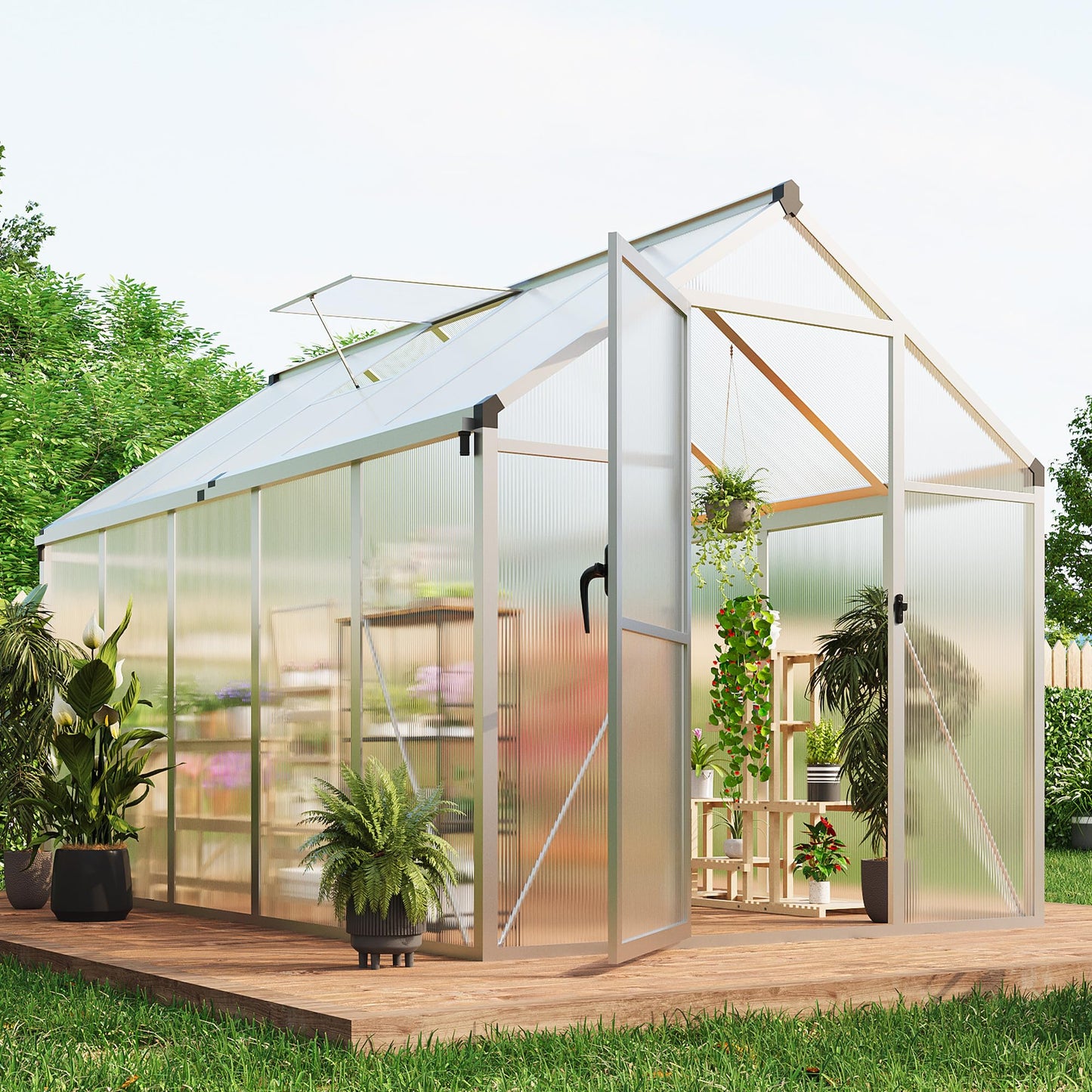 6x10 ft Walk-in Greenhouse, Polycarbonate Panels with Reinforced Aluminum Frame, Large Garden Green House for Planting and Seed Starting, Quick-Assembly Structure with Adjustable Roof Vent