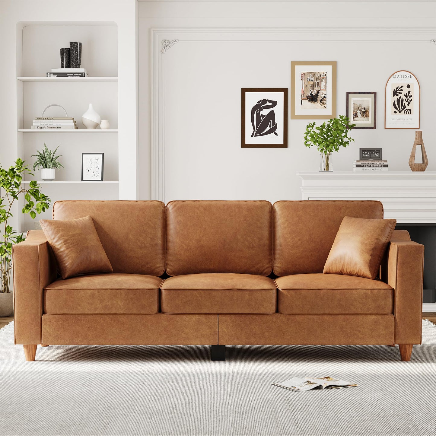Faux Leather Couch with 2 Throw Pillows, Sofa Couches for Living Room, 3 Seater Sofa with Wide Armrests, Wood Legs, Deep Seats, Back Cushion, Sturdy Support Feet, for Office, Living Room, Brown