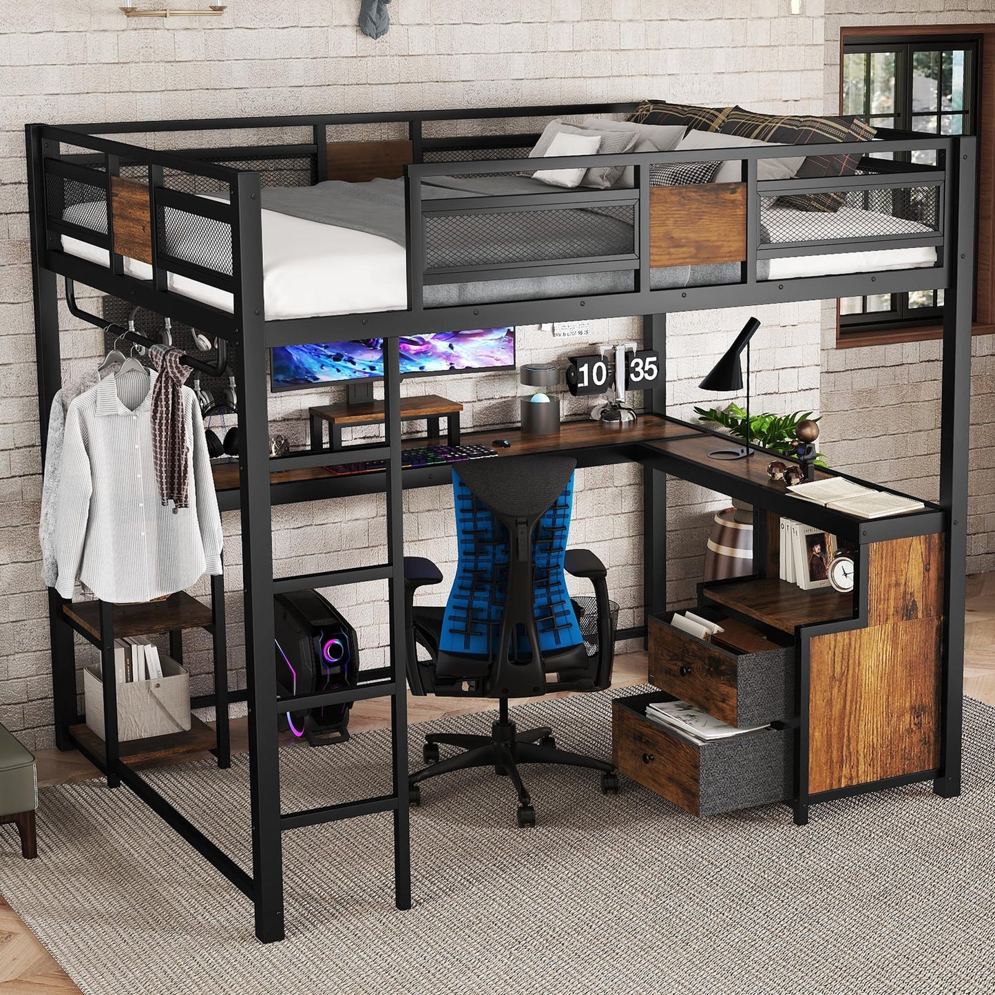 Bellemave Queen Size Loft Bed with Desk and Storage Drawers, Queen Loft Bed Frame with Computer Monitor Stand, Corner Shelf and Hanger Rod, Adults Loft Beds Frame, Black