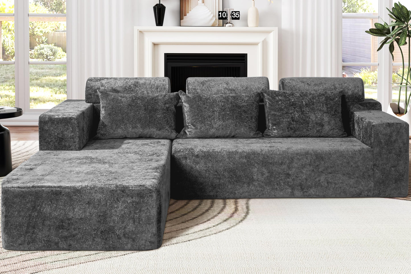 Homguava Modular Sectional Couches for Living Room,105" Cloud Couch with L-Shape Chaise,Comfy Sofa Living Room Couch with Deep Seat,No Assembly L Couch,Luxury Distressed Velvet(Grey,L)