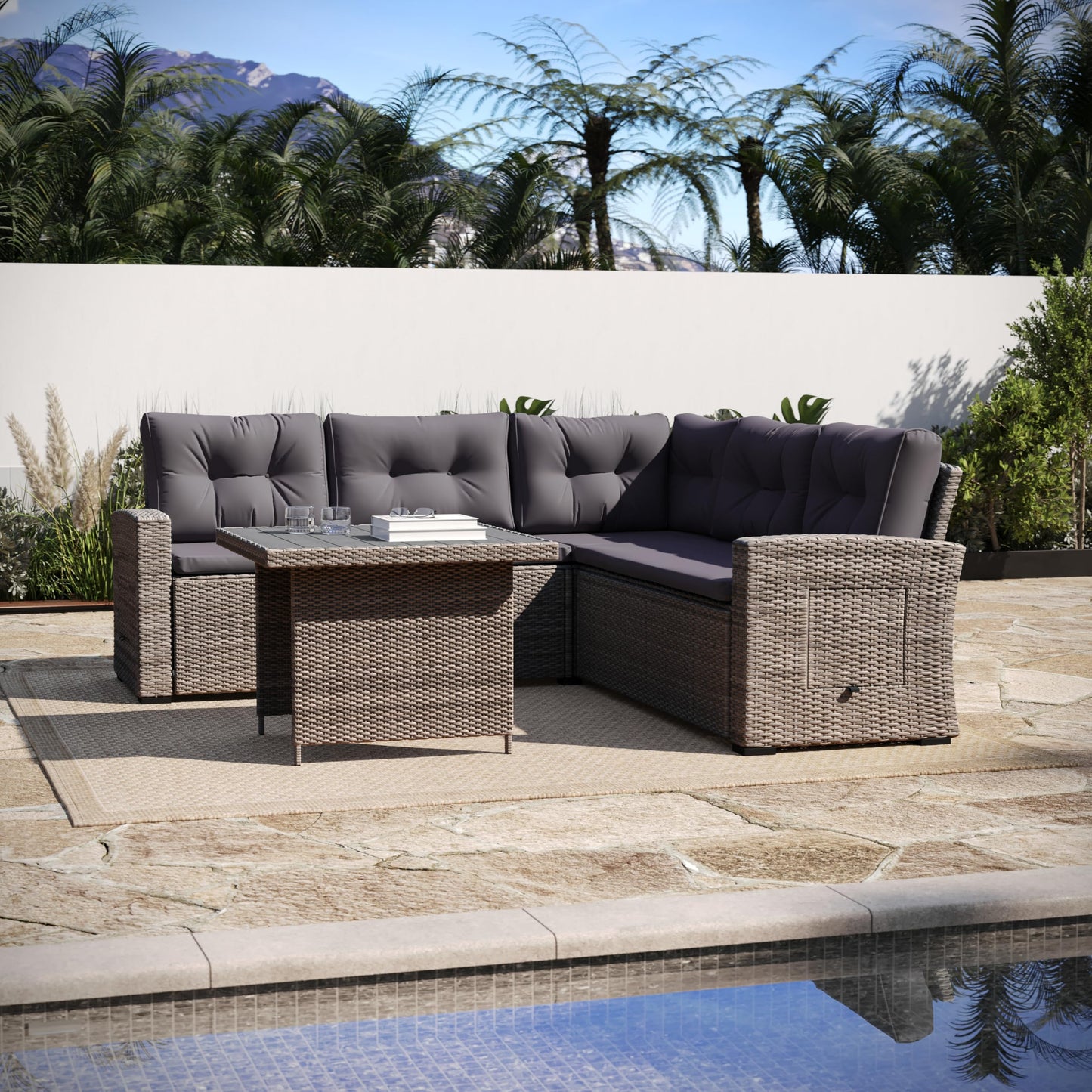 Flash Furniture Huck Wicker Rattan Conversation Set, Versatile Indoor/Outdoor Use, L-Shaped Sofa and Dining Table, Weather-Resistant Cushions, Gray