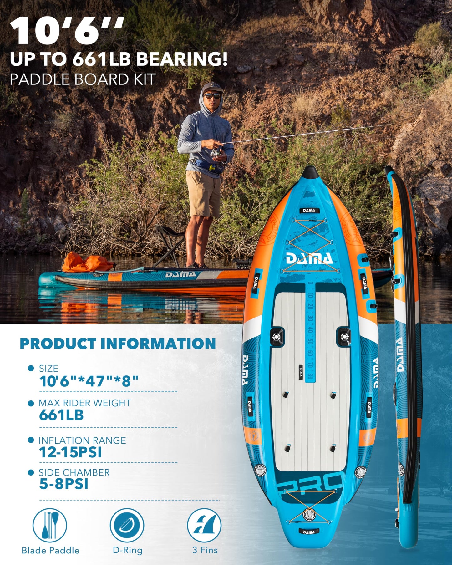 DAMA Triple Chamber SUP Inflatable Stand Up Paddle Board 10'8"*47", Extra Wide Paddle Boards for Adults, Fishing Paddle Board with 3 Removable Fins, 2 Fishing Rod Holders, Kayak Paddle,Portable Bag