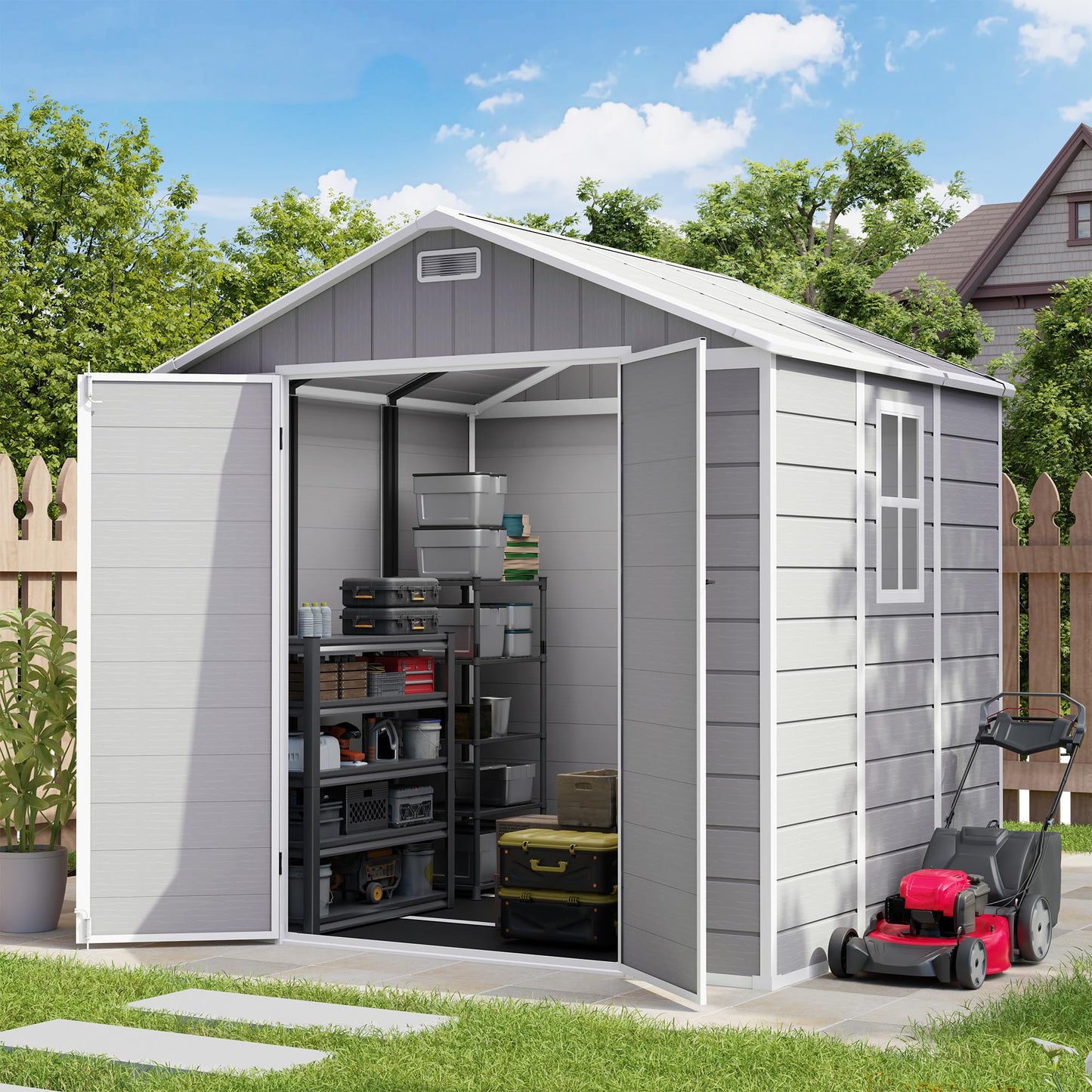 Amopatio 8x6 FT Storage Shed, Resin Outdoor Shed with Floor Included, Plastic Sheds for Bike, Garden Tools, Sheds & Outdoor Storage with Lockable Door, Window & Vents, Grey & White