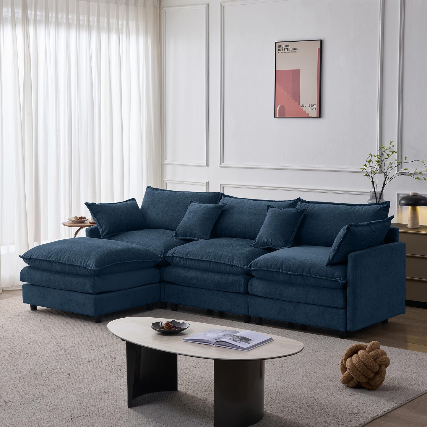 KEIKI 3 Seater Chenille Modular Sectional Couch Sofa with Ottoman, Double-Layer Seat Cushions & Back Cushions, Modern L-Shape Upholstered Cloud Soft Sofa Couches Chaise Lounge for Living Room
