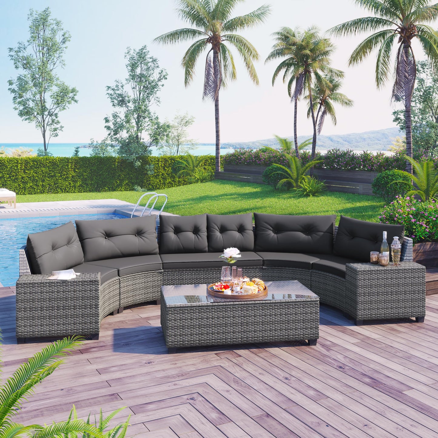8-Piece Outdoor Wicker Round Sofa Set, Half-Moon Sectional Sofas with Cushions, PE Rattan Curved Lounge, Rectangular Coffee & Side Tables, Sturdy Patio Seating for Garden, Deck, Balcony, Gray