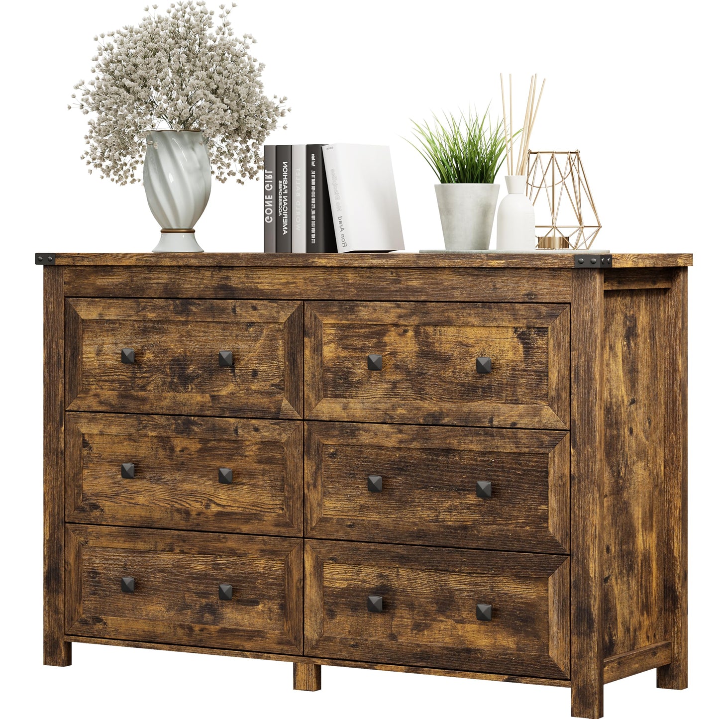 Dresser for Bedroom with 6 Drawers, Farmhouse Wood Chest of Drawers, Wide TV Stand Closet Storage Furniture with Metal Handle, Modern Clothes Organizer for Hallway, Living Room, Entryway, Brown