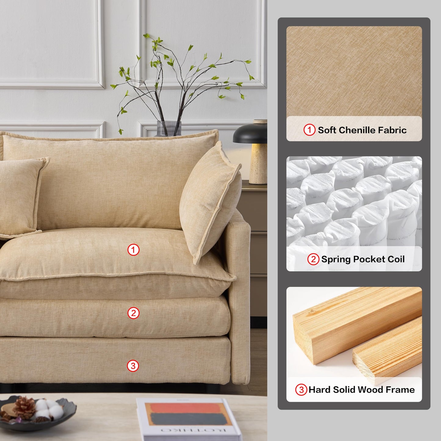 KEIKI 3 Seater Chenille Modular Sectional Couch Sofa with Ottoman, Double-Layer Seat Cushions & Back Cushions, Modern L-Shape Upholstered Cloud Soft Sofa Couches Chaise Lounge for Living Room