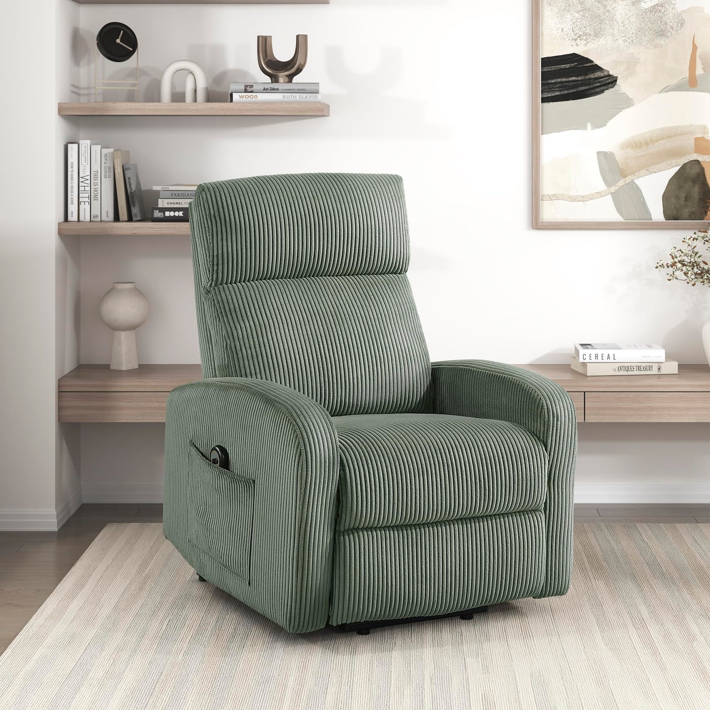 Lexicon Power Lift Recliner Chair for Elderly with Remote Control, Gentle Lift Motion, Side Pocket Armrest, Corduroy Upholstered Electric Recliner for Living Room/Bedroom, Easy Assembly, Green