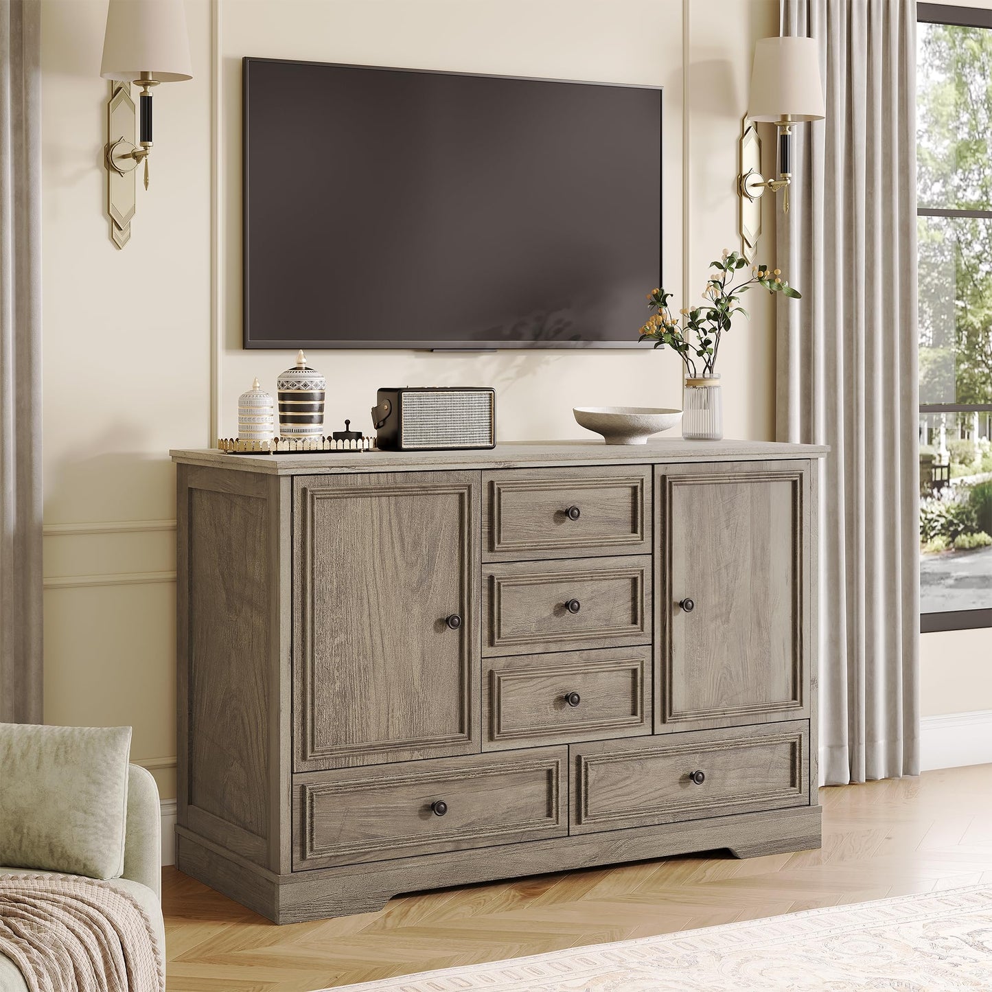 Garvee Farmhouse Sideboard Buffet Cabinet with 5 Drawers and 2 Doors, 47" Kitchen Storage Cabinet, Wood Coffee Bar Cabinet with Adjustable Shelves for Dining Room Living Room, Grey